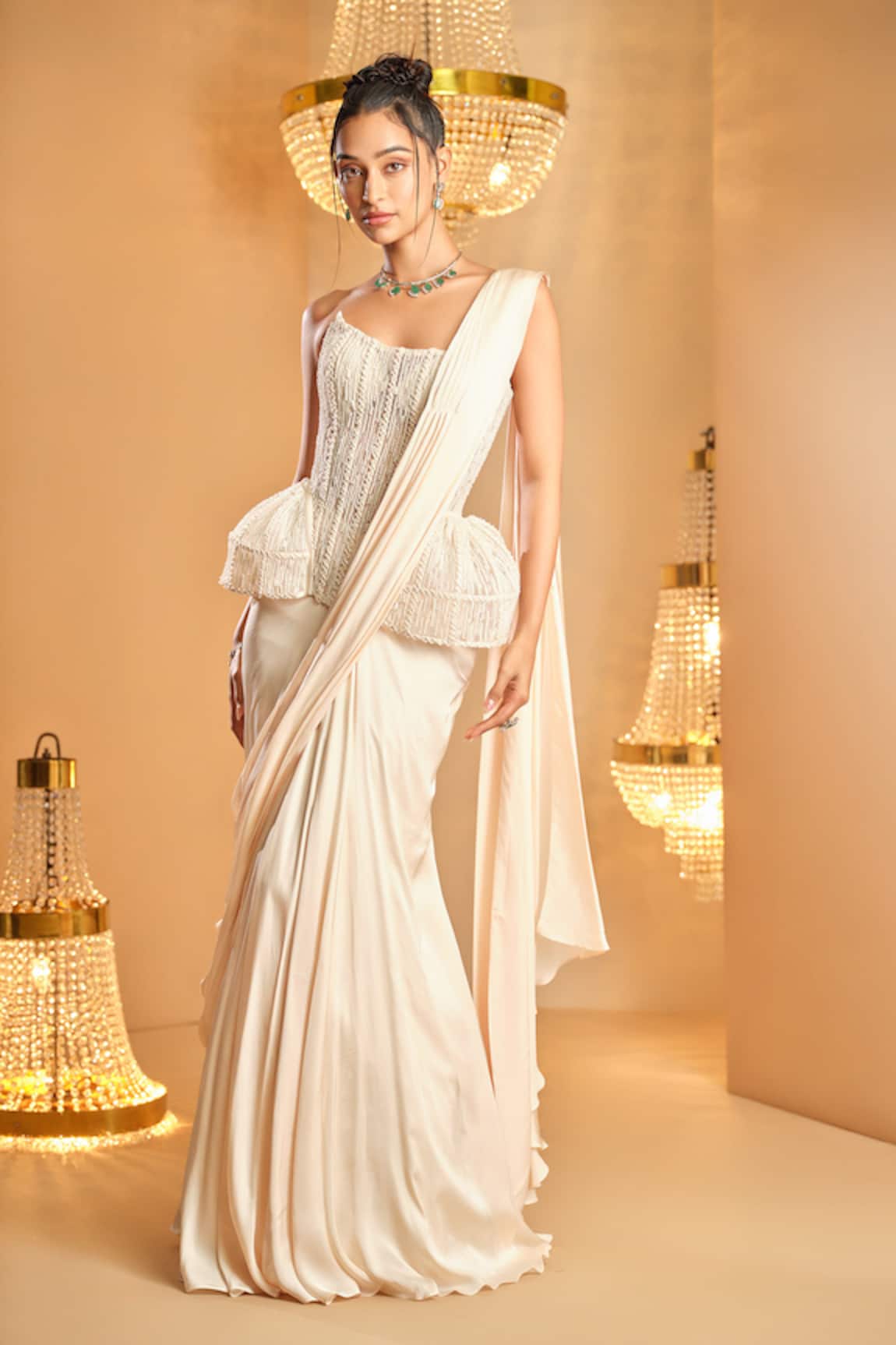 K&A By Karishma and Ashita White Pre-Draped Saree & Corset Set 