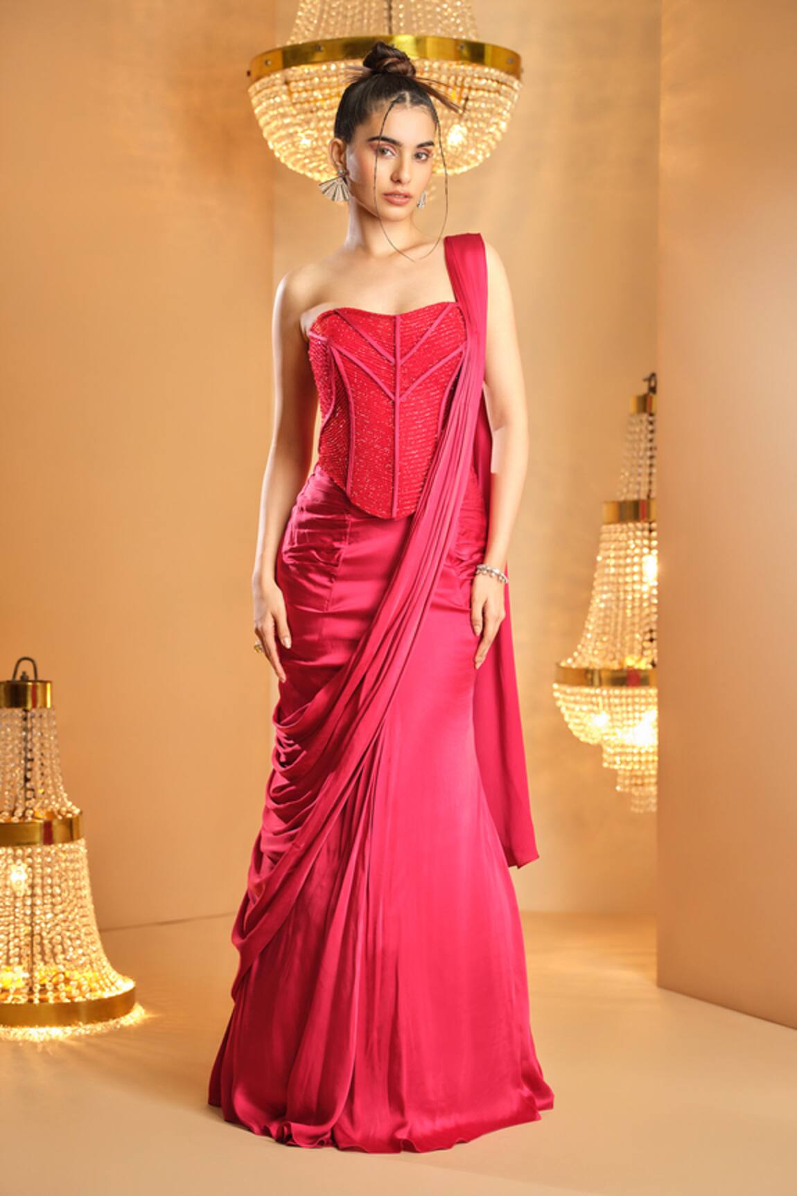 K&A By Karishma and Ashita Red Pre-Draped Saree With Corset 