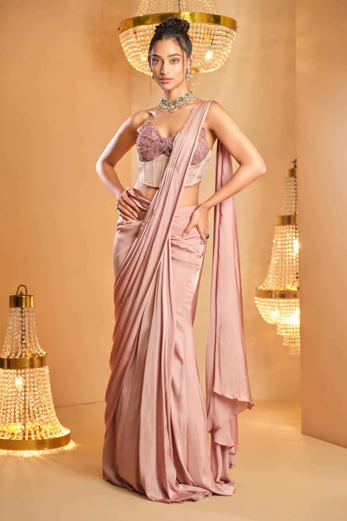 K&A By Karishma and Ashita Lilac Pre-Draped Saree & Corset Set 
