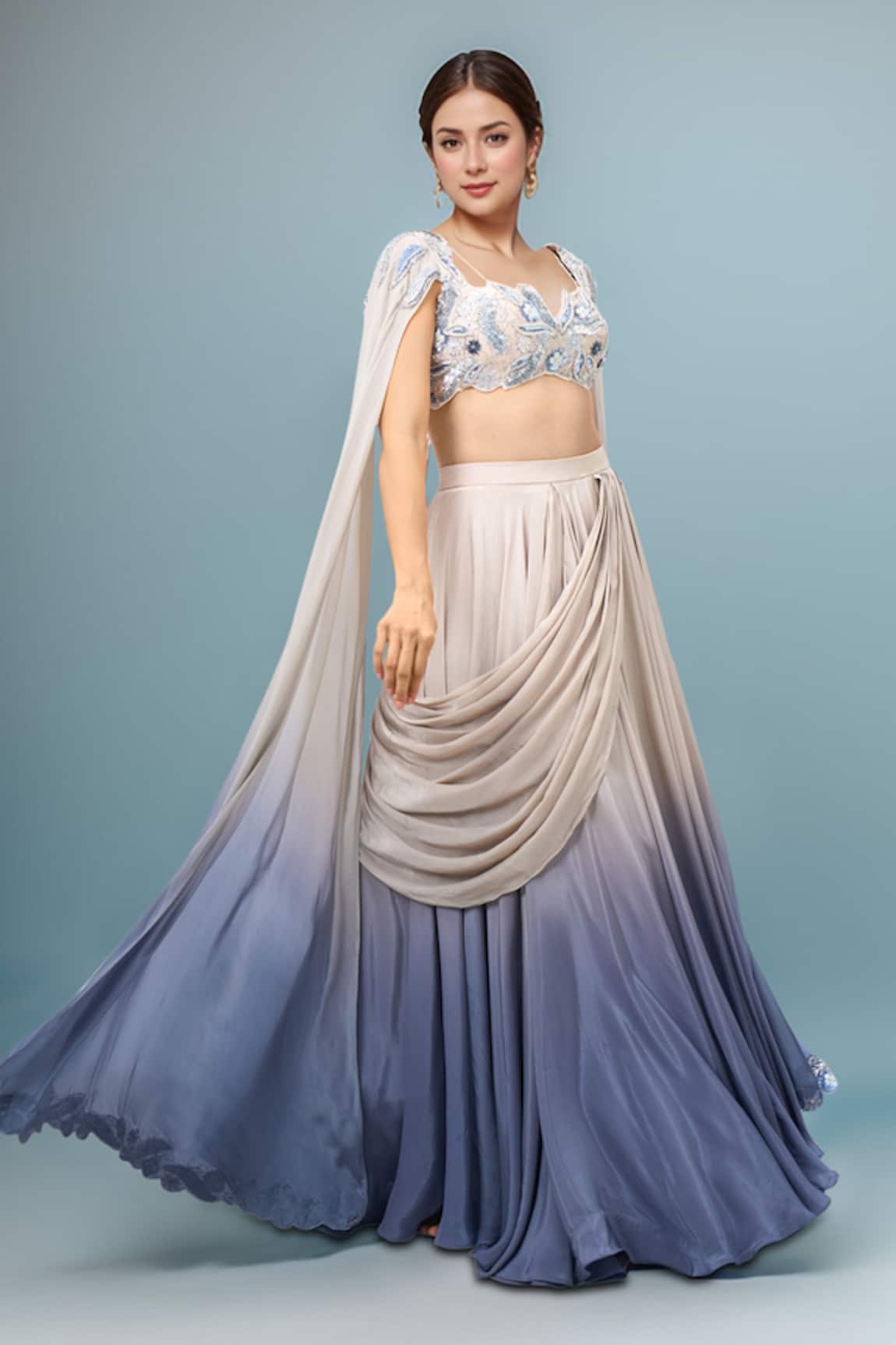 Jade By Ashima Ombre Draped Fusion Lehenga Set 