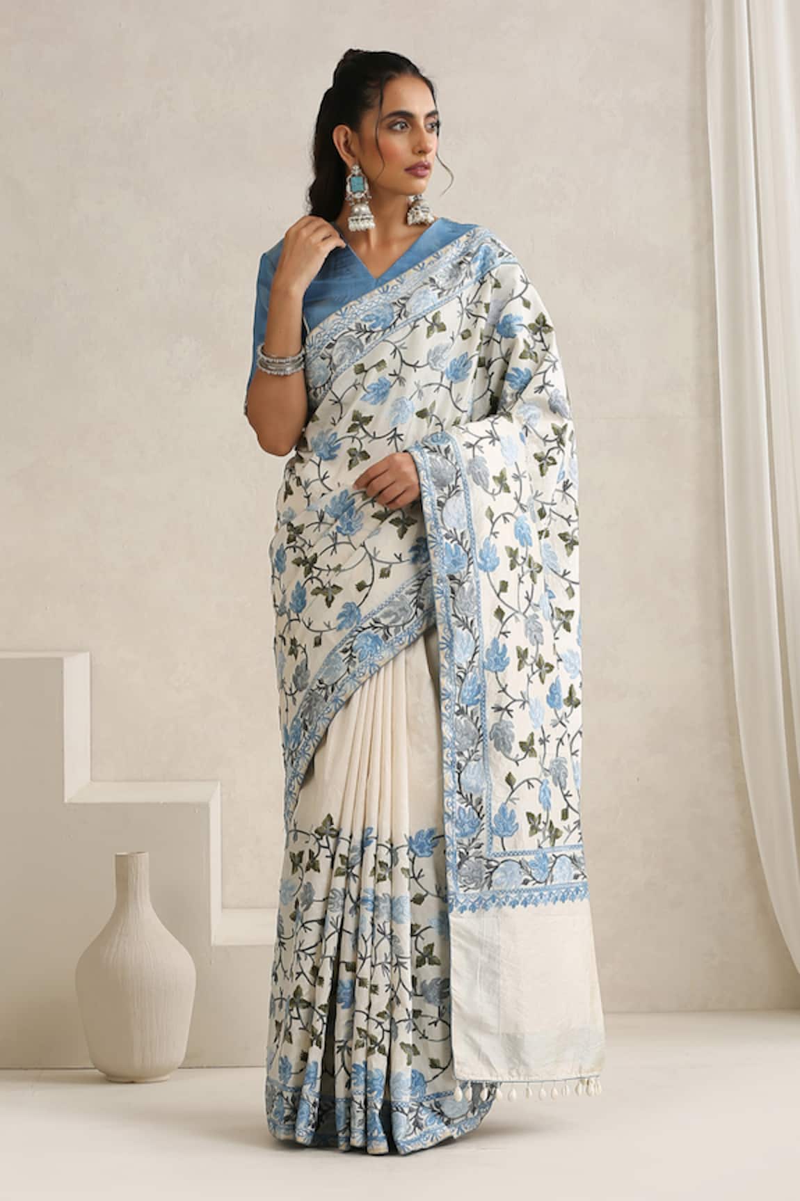 Wazir C Nargis Blue & Off White Saree With Blouse 
