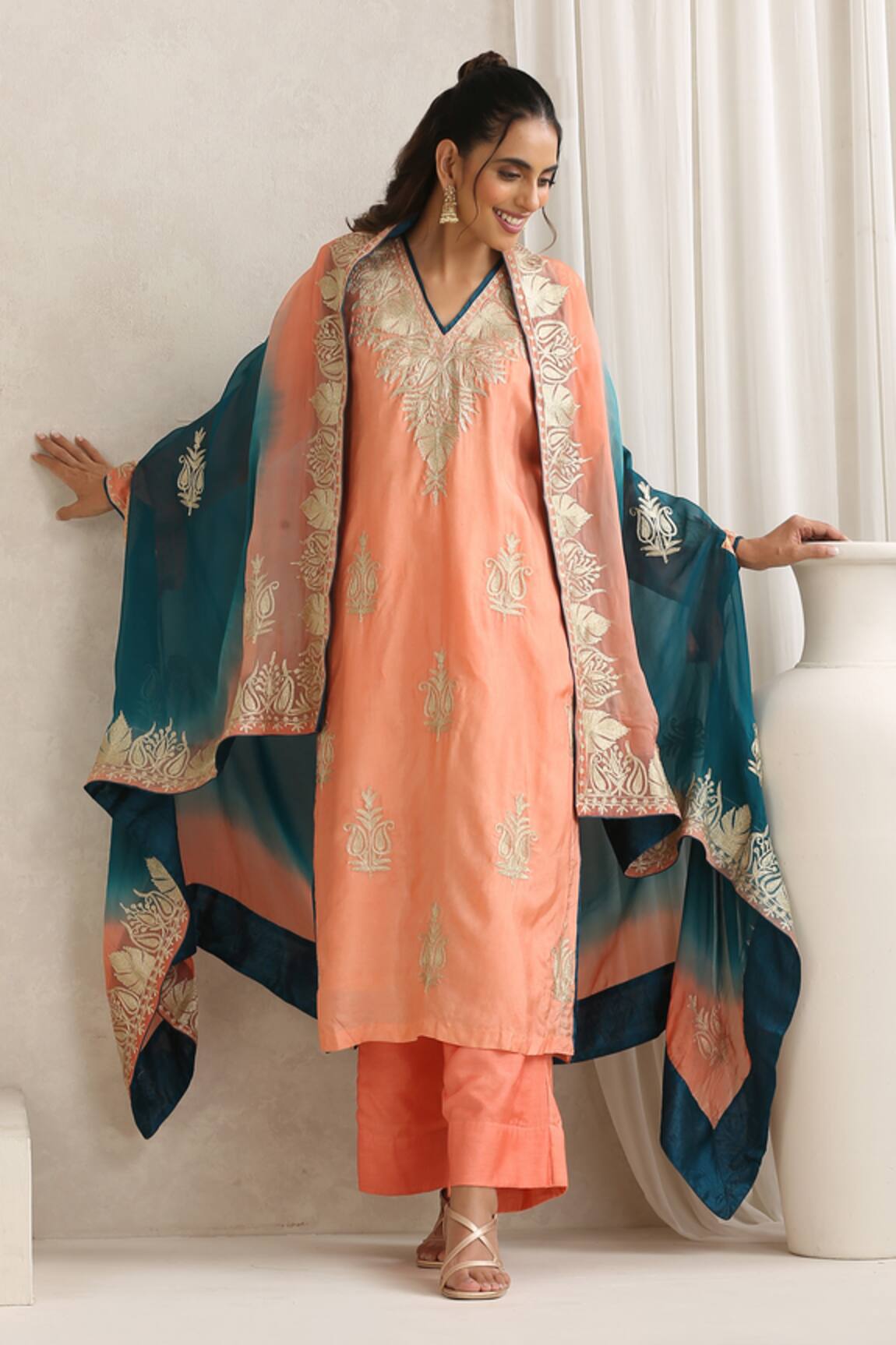 Wazir C Nargis Peach & Teal Blue Cape Set 