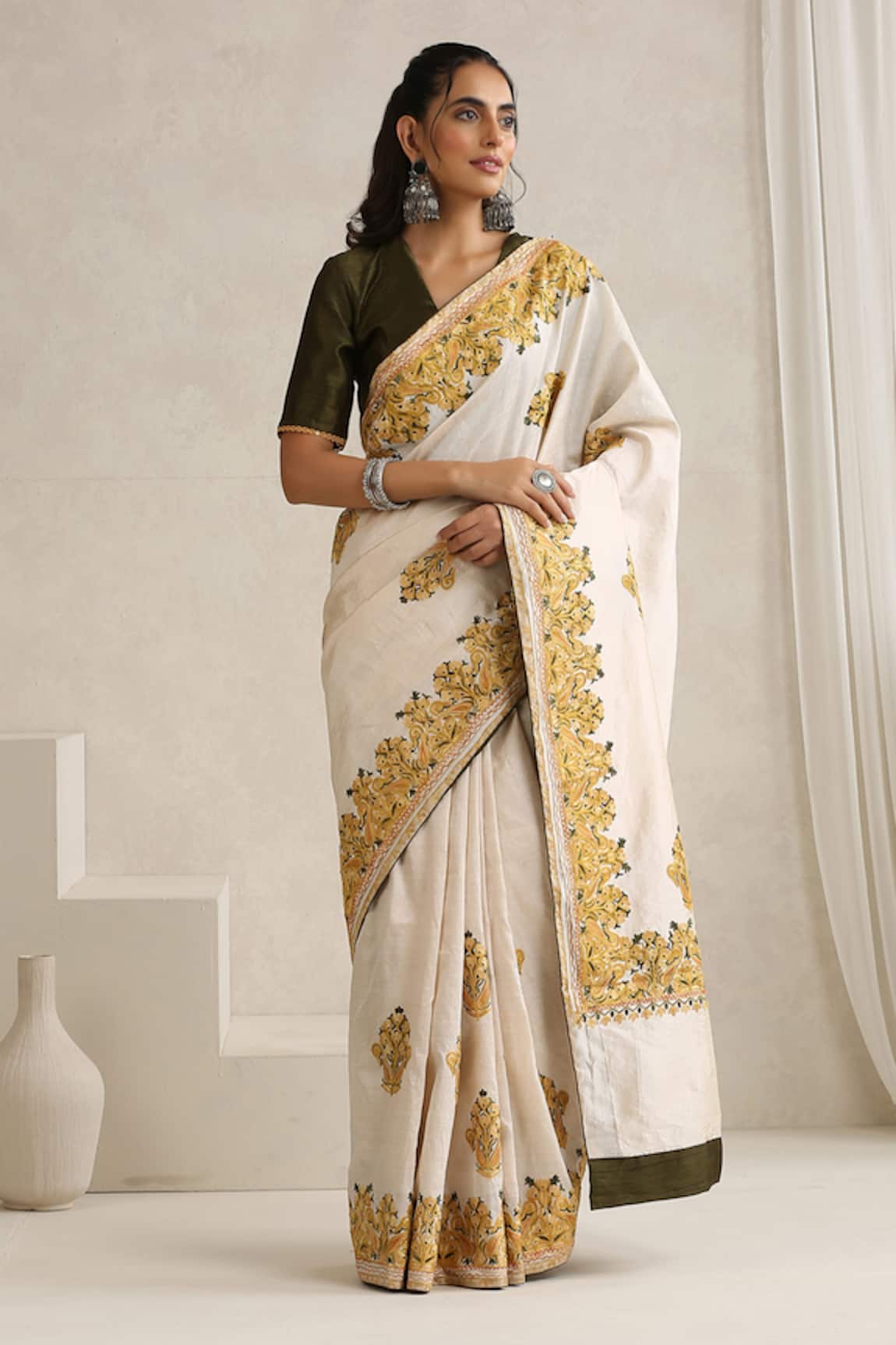 Wazir C Nargis Green & Off White Aari Work Saree Set 