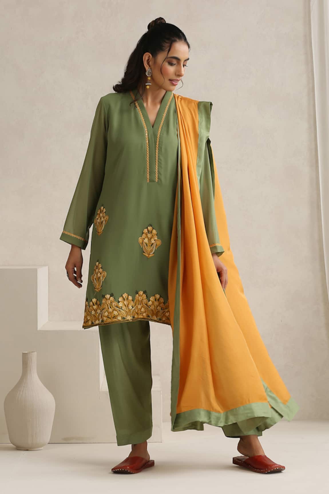 Wazir C Mehandi Green Aari Embroidered Kurta Set 