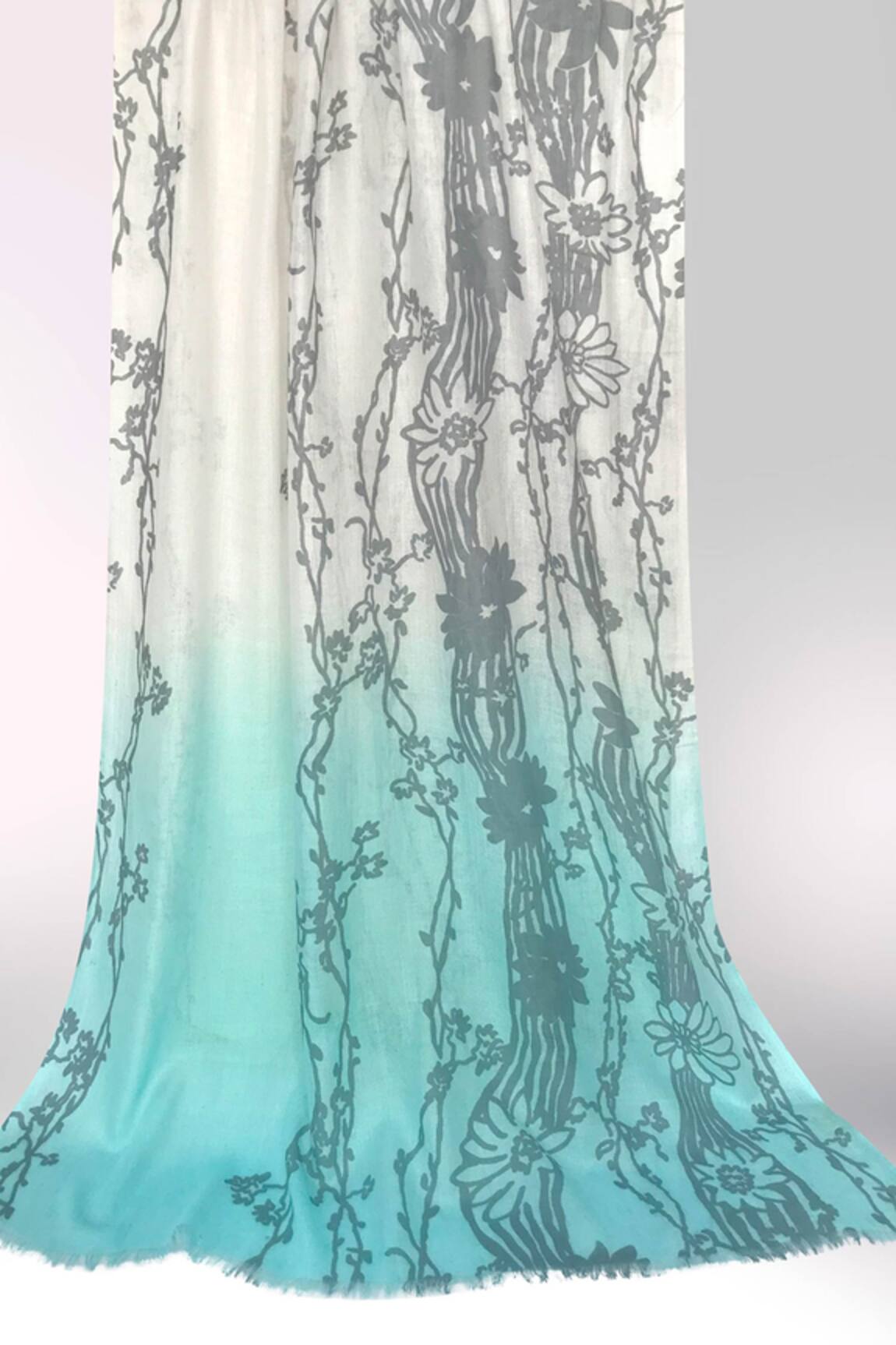 Pashma Aquamarine Blossom Bamboo Silk Cashmere Scarf 
