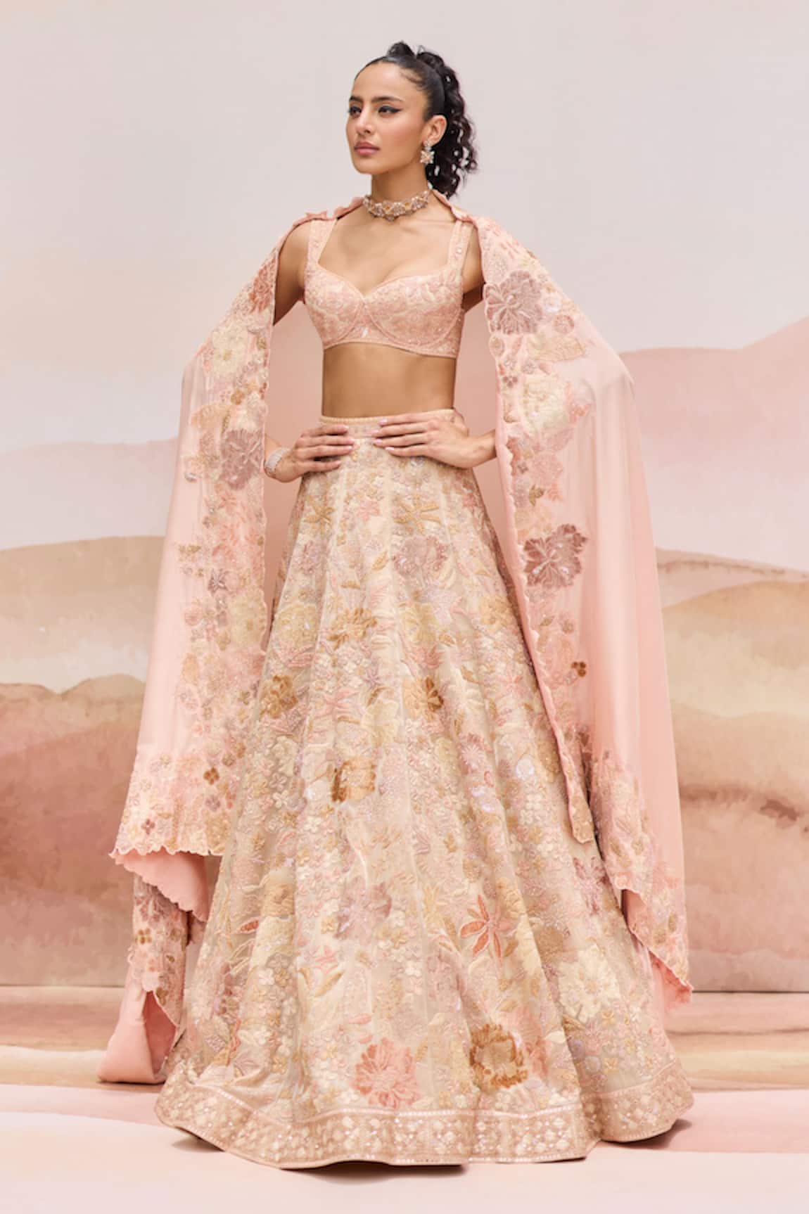 Mishru Pylora Gold Organza Lehenga Set 