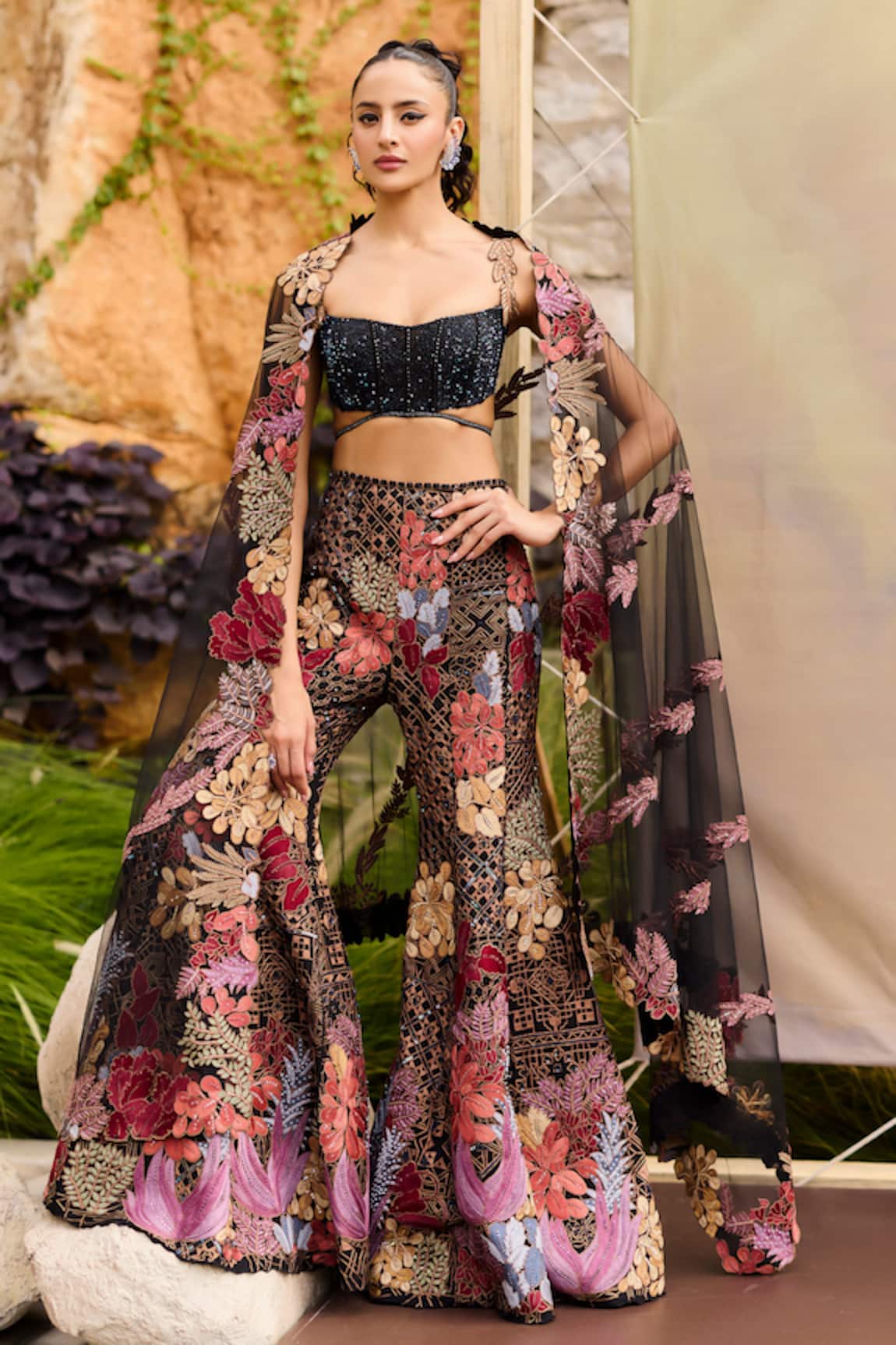 Mishru Black Floral Embroidered Fusion Set 