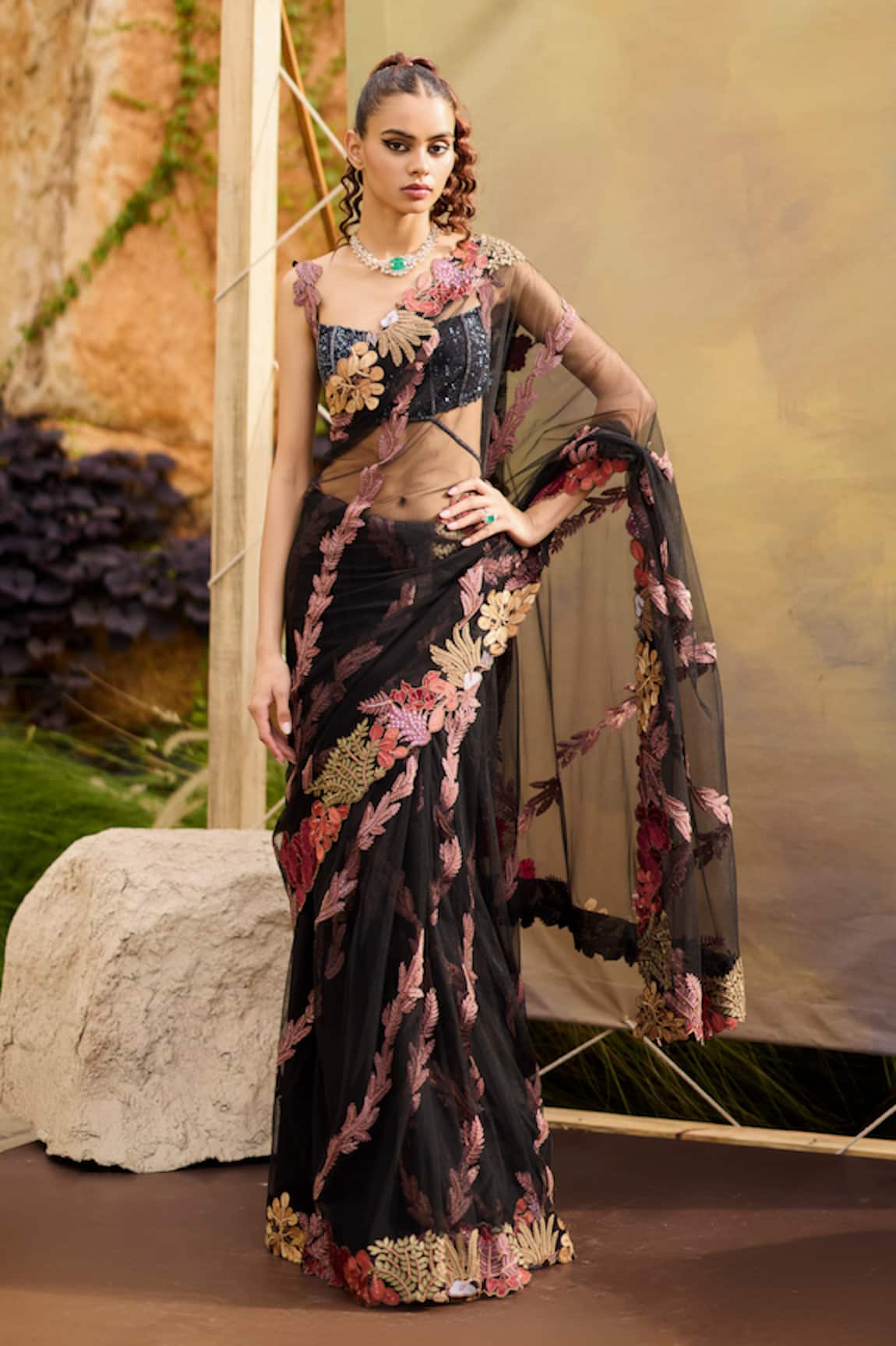 Mishru Floral Embroidered Black Saree Set 