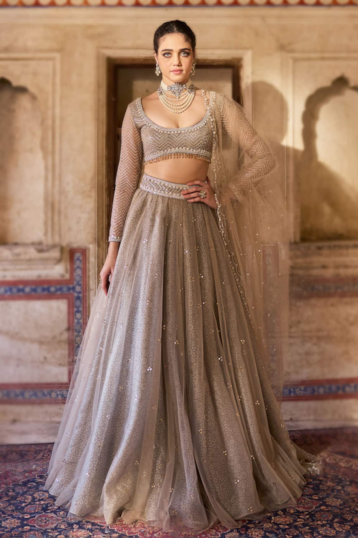 Cedar & Pine Taupe Brown Embellished Lehenga Set 
