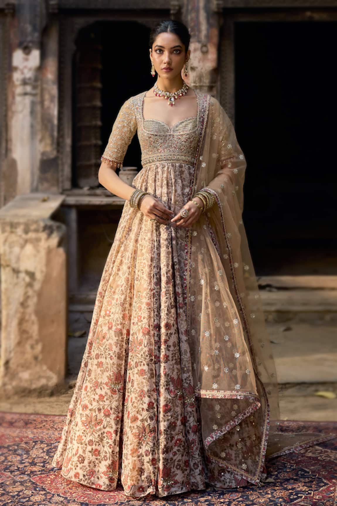 Cedar & Pine Beige Floral Anarkali Set 