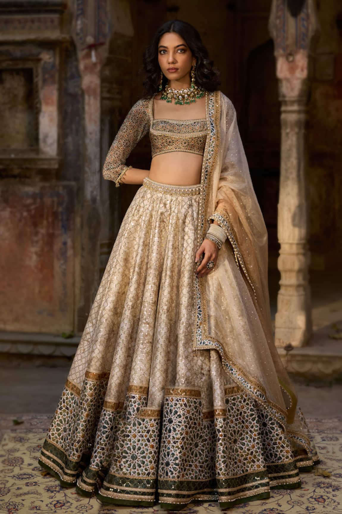 Cedar & Pine Beige & Green Mehfil Lehenga Set 