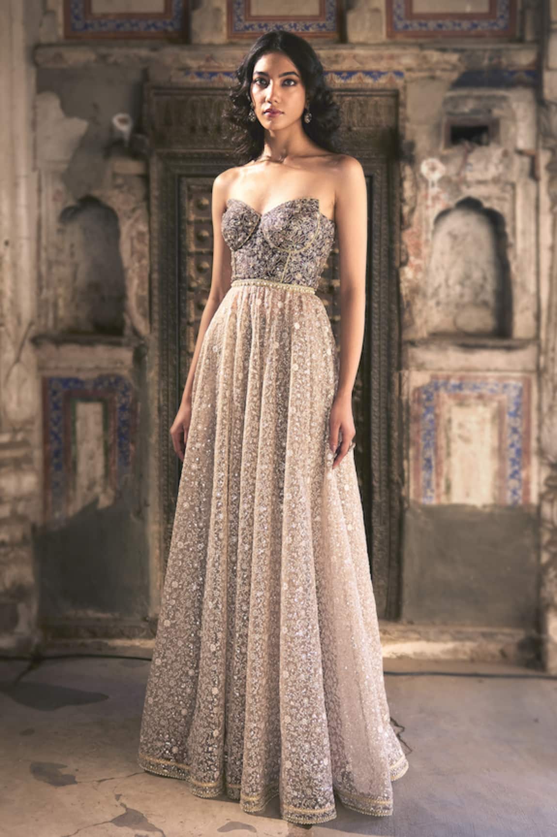 Cedar & Pine Taupe Brown Embroidered Anarkali Set 