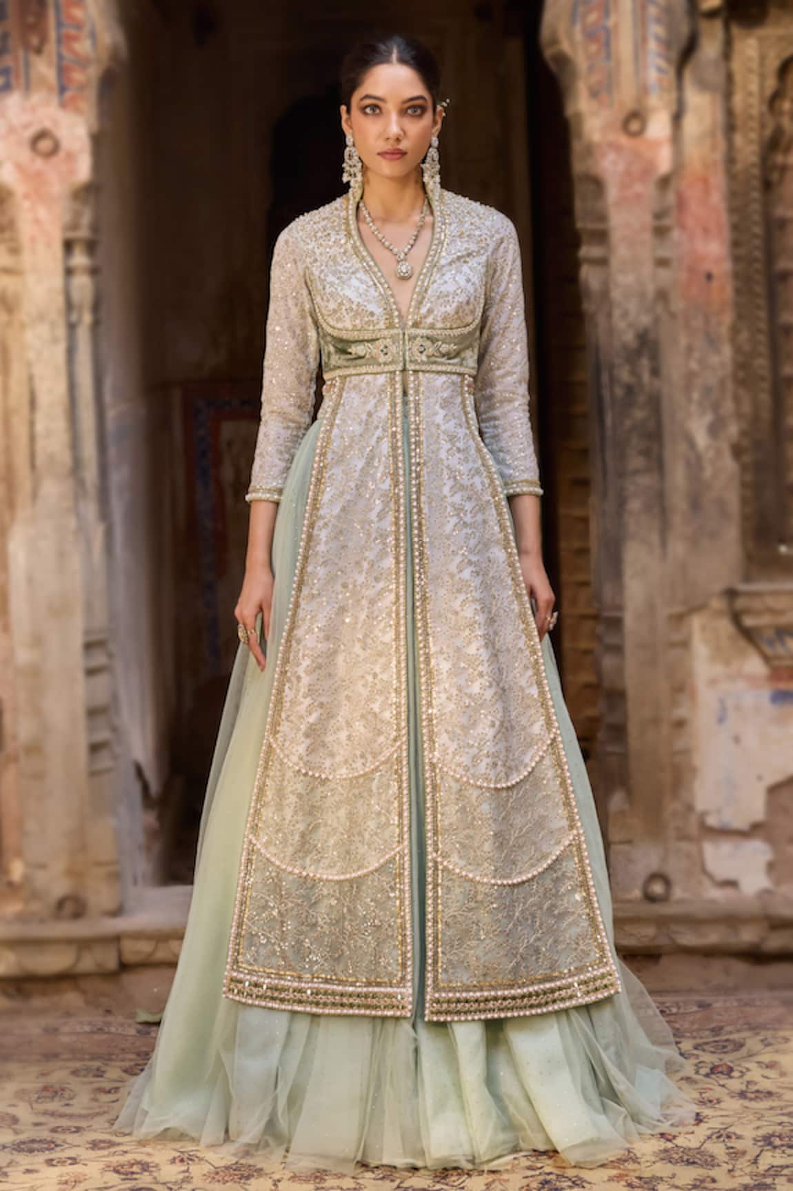 Cedar & Pine Green Organza & Tulle Fusion Lehenga Set 