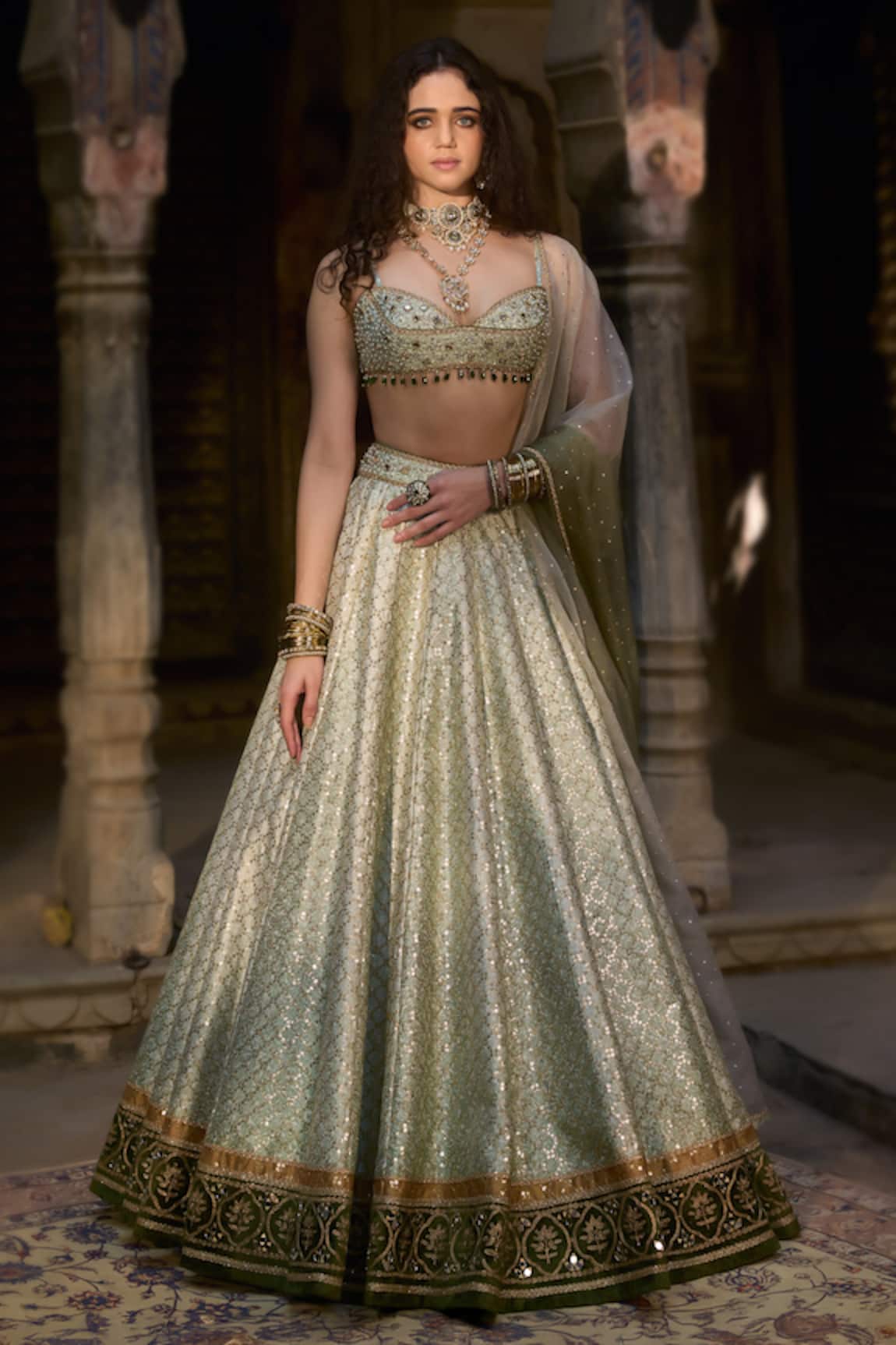Cedar & Pine Nizam Green Organza Classic Lehenga Set 