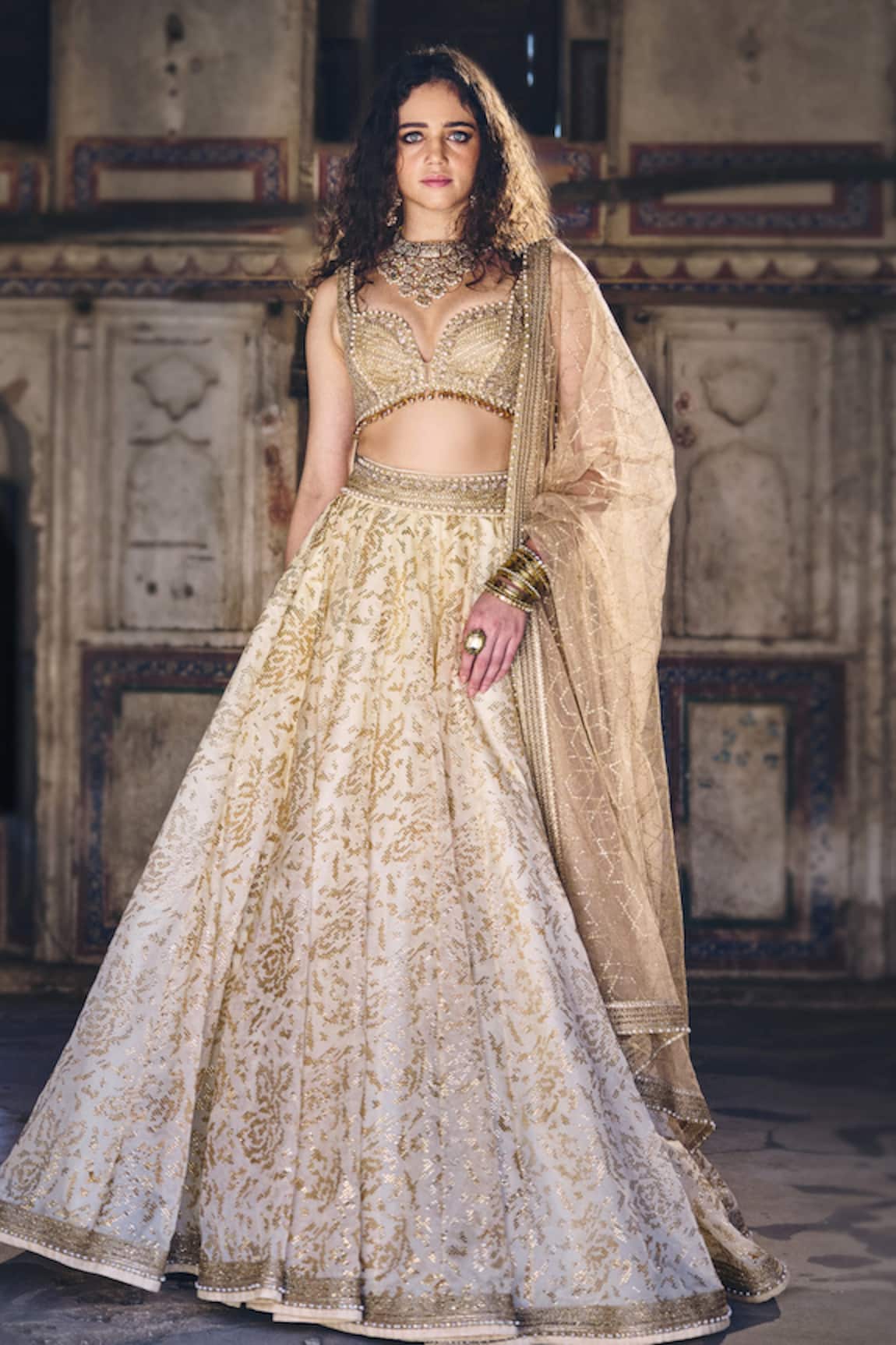 Cedar & Pine Ivory & Gold Embroidered Lehenga Set 