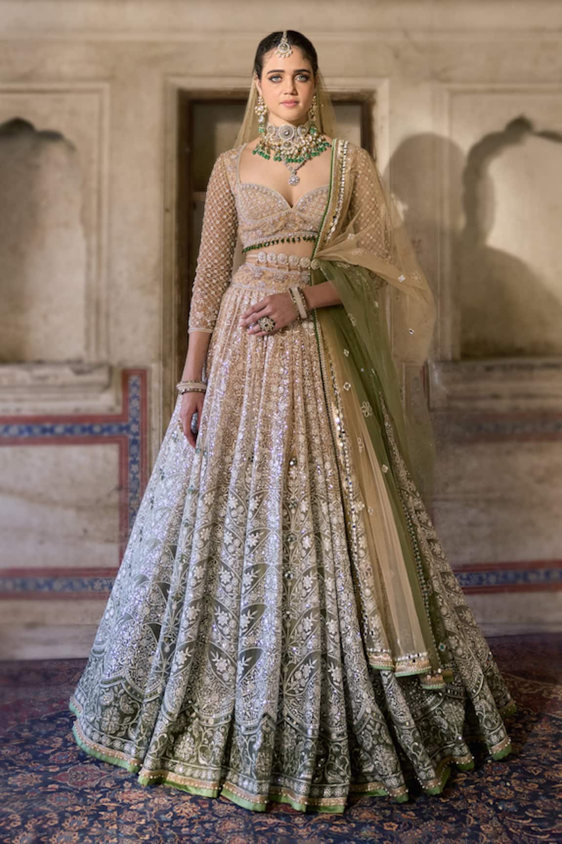 Cedar & Pine Ivory & Green Embroidered Lehenga Set 
