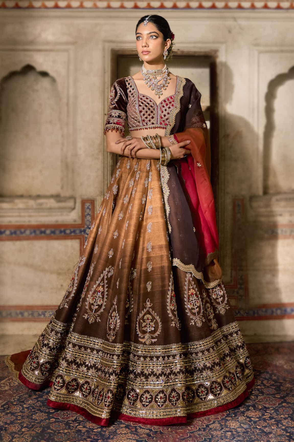 Cedar & Pine Brown Raw Silk Embroidered Lehenga Set 