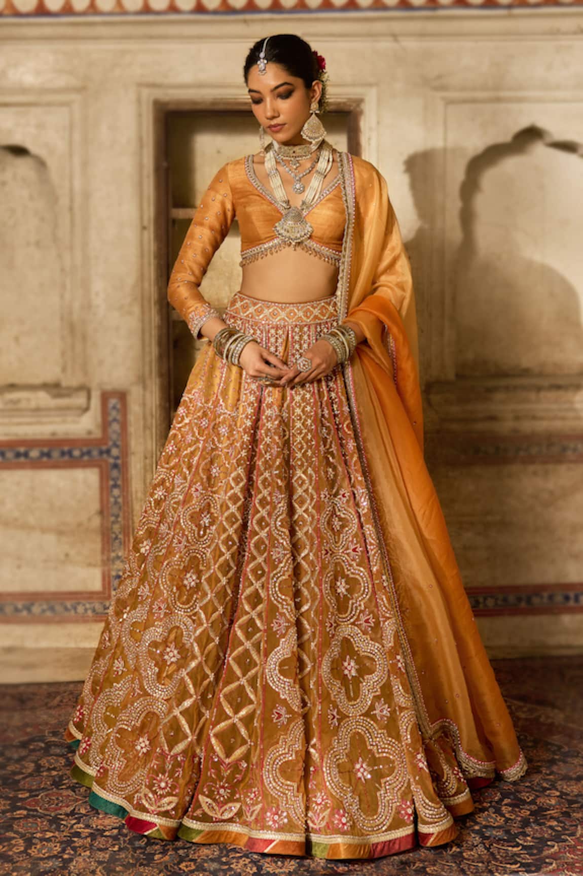 Cedar & Pine Embroidered Yellow Raw Silk Lehenga Set 