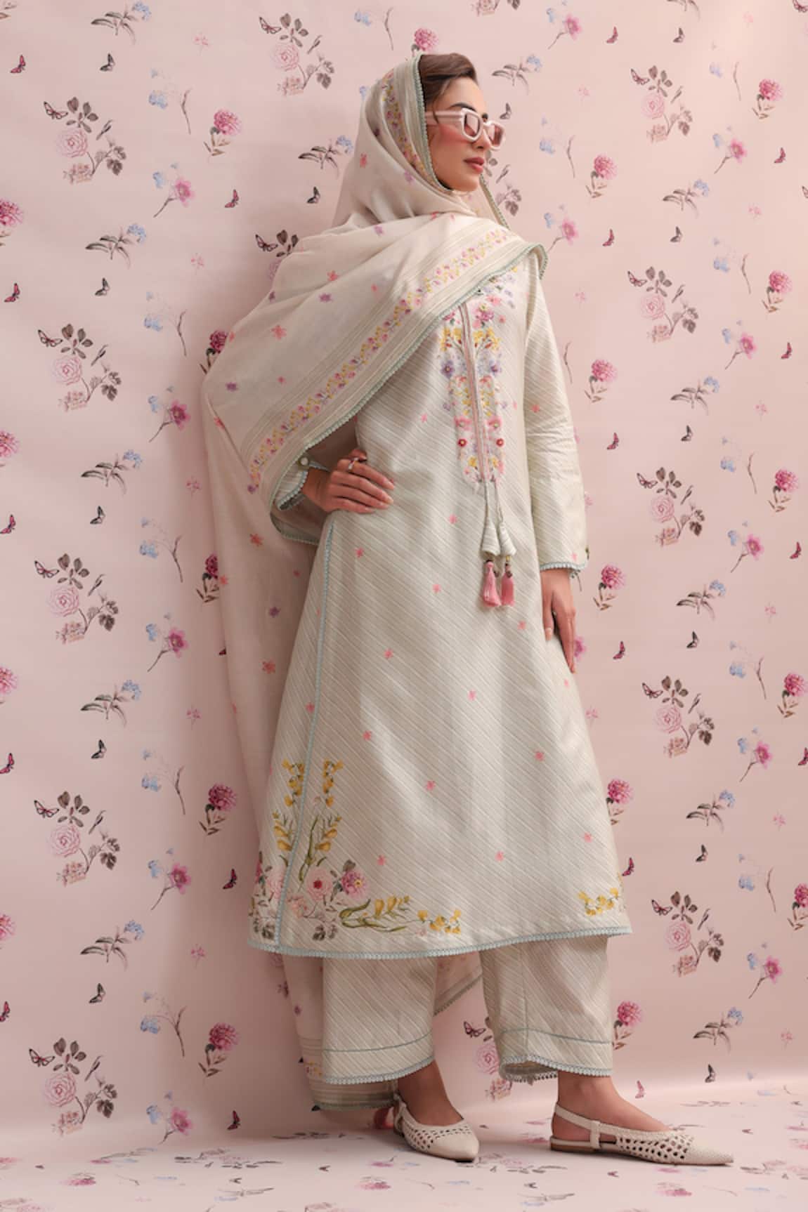 Label Niti Bothra Sage Green Noor Stripe Dupatta 