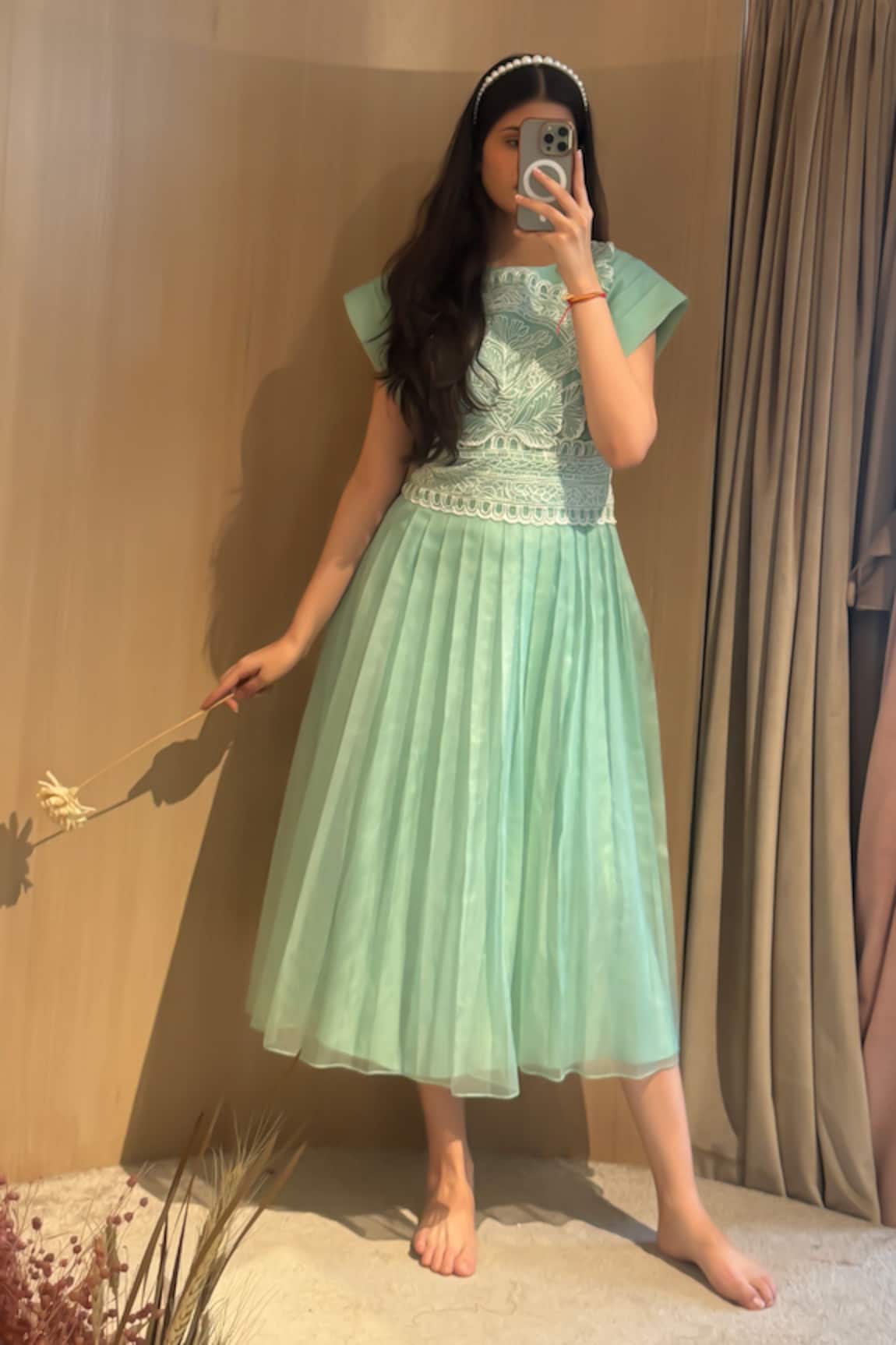 Aanchal Vijaywargi Mint Green Pleated Midi Dress 