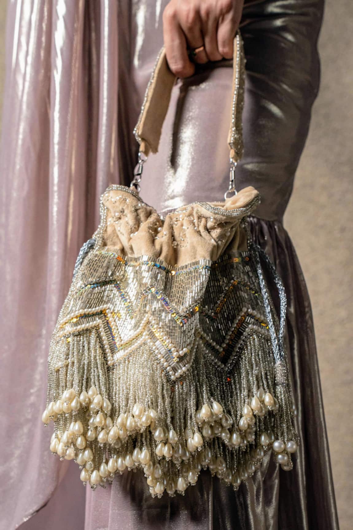 A Clutch Story Beige Pearl Handembroidered Potli 