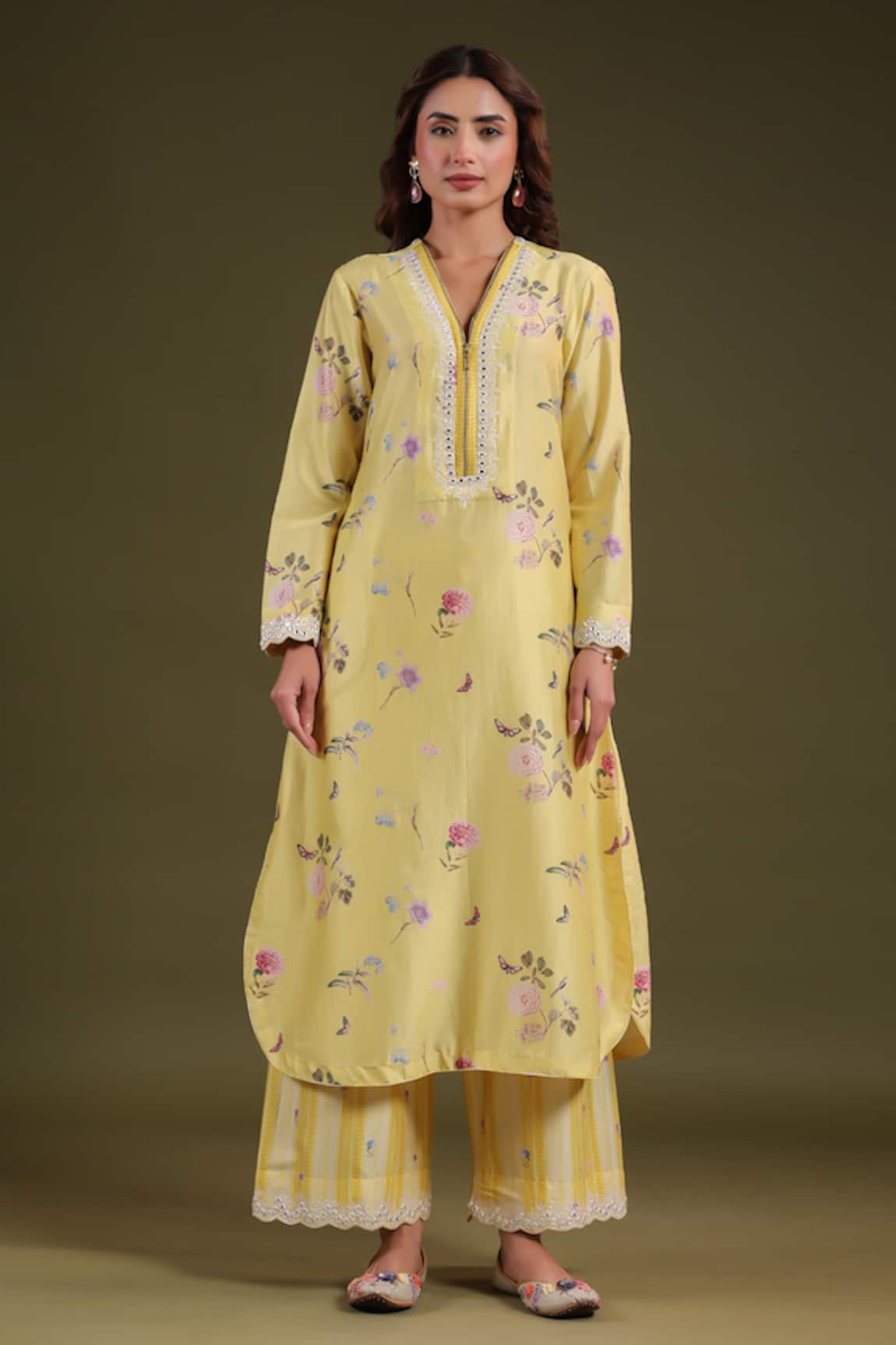 Label Niti Bothra Printed Yellow Silk Chanderi Kurta Set 
