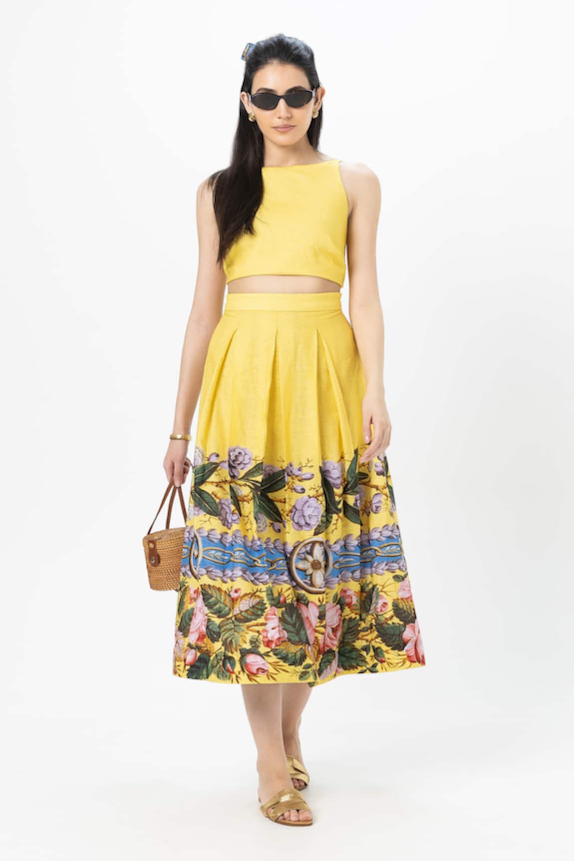 Sobariko Yellow Floral Print Skirt Set 