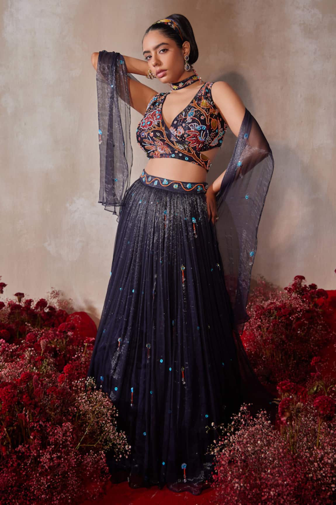 Tarini Vij Midnight Blue Embroidered Lehenga Set 