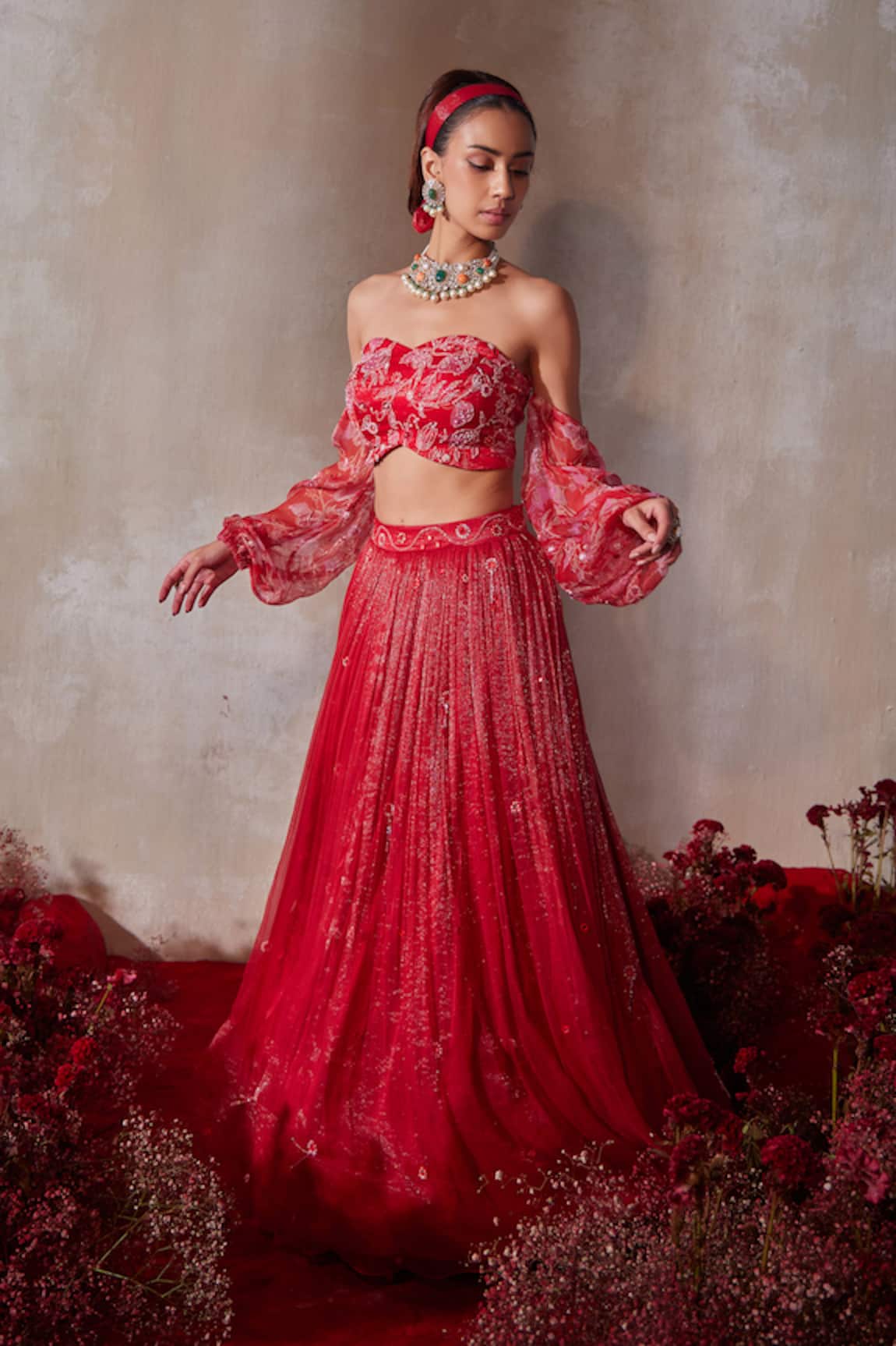 Tarini Vij Red Shimmer Chiffon Fusion Lehenga Set 