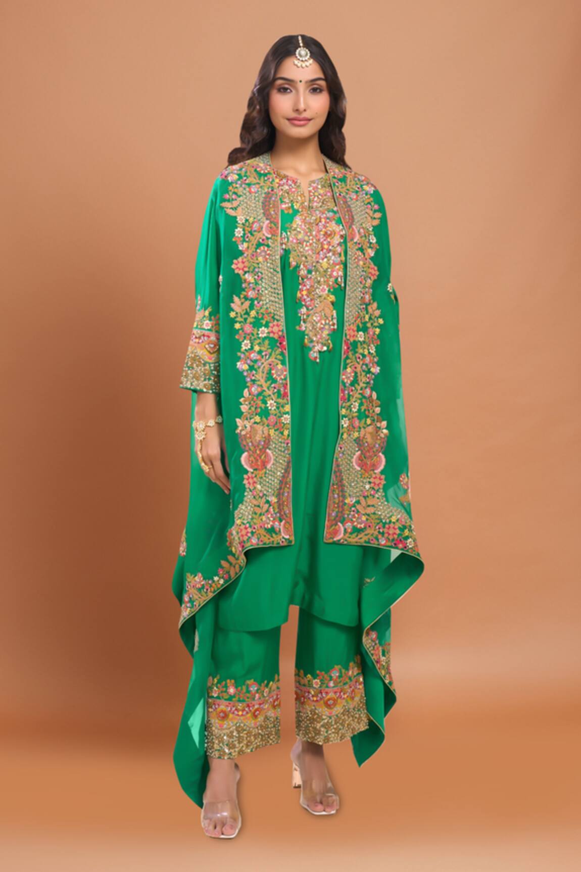 Debyani + Co Embroidered Green Kurta Set with Cape 