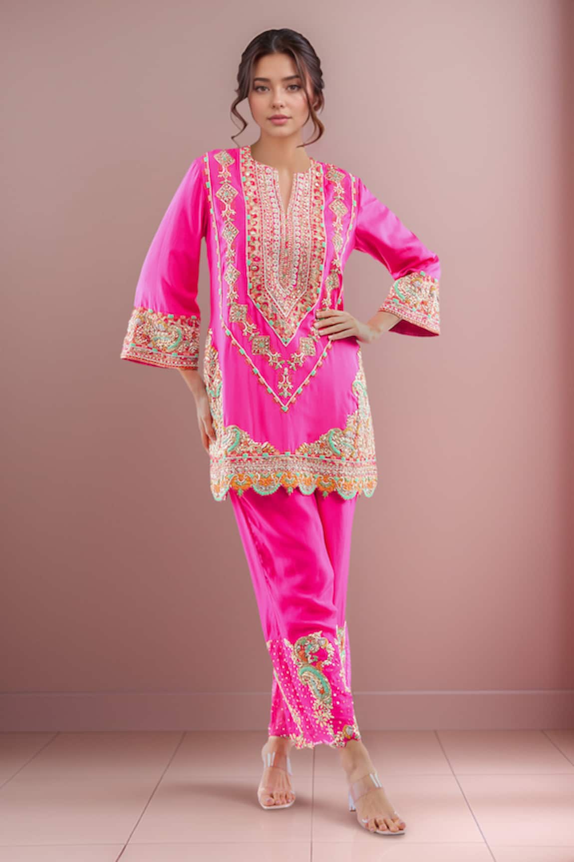 Debyani + Co Embroidered Pink Silk Kurta Set 