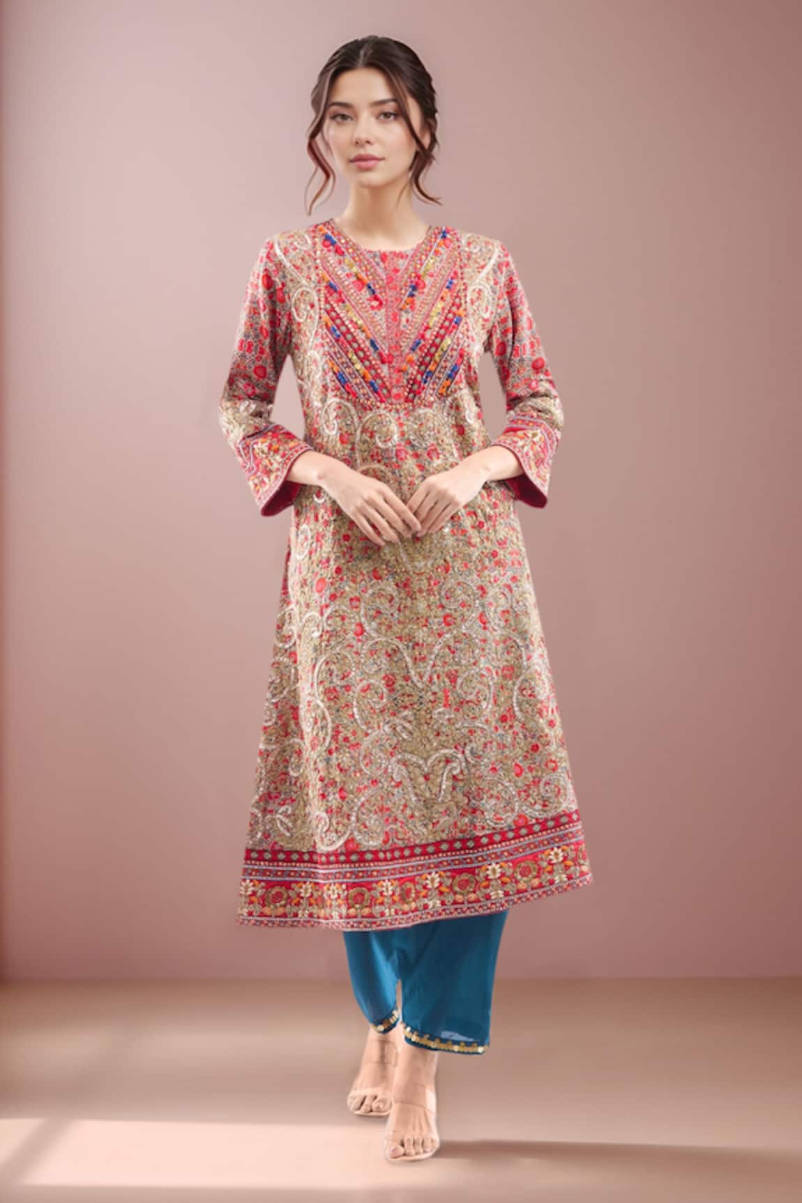 Debyani + Co Multi Color Embroidered Kurta Set 