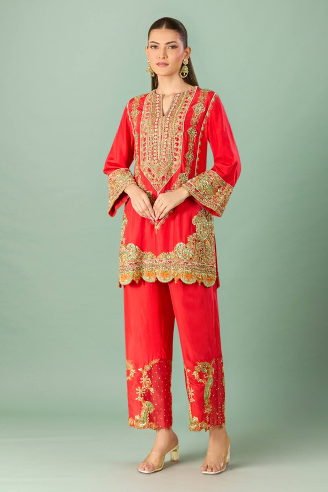 Debyani + Co Red Silk Embroidered Kurta Set 