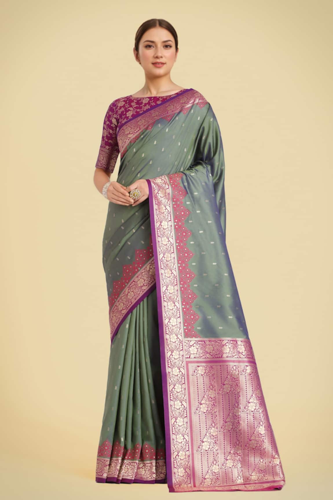 Samyukta Singhania Olive Green Banarasi Silk Saree Set 