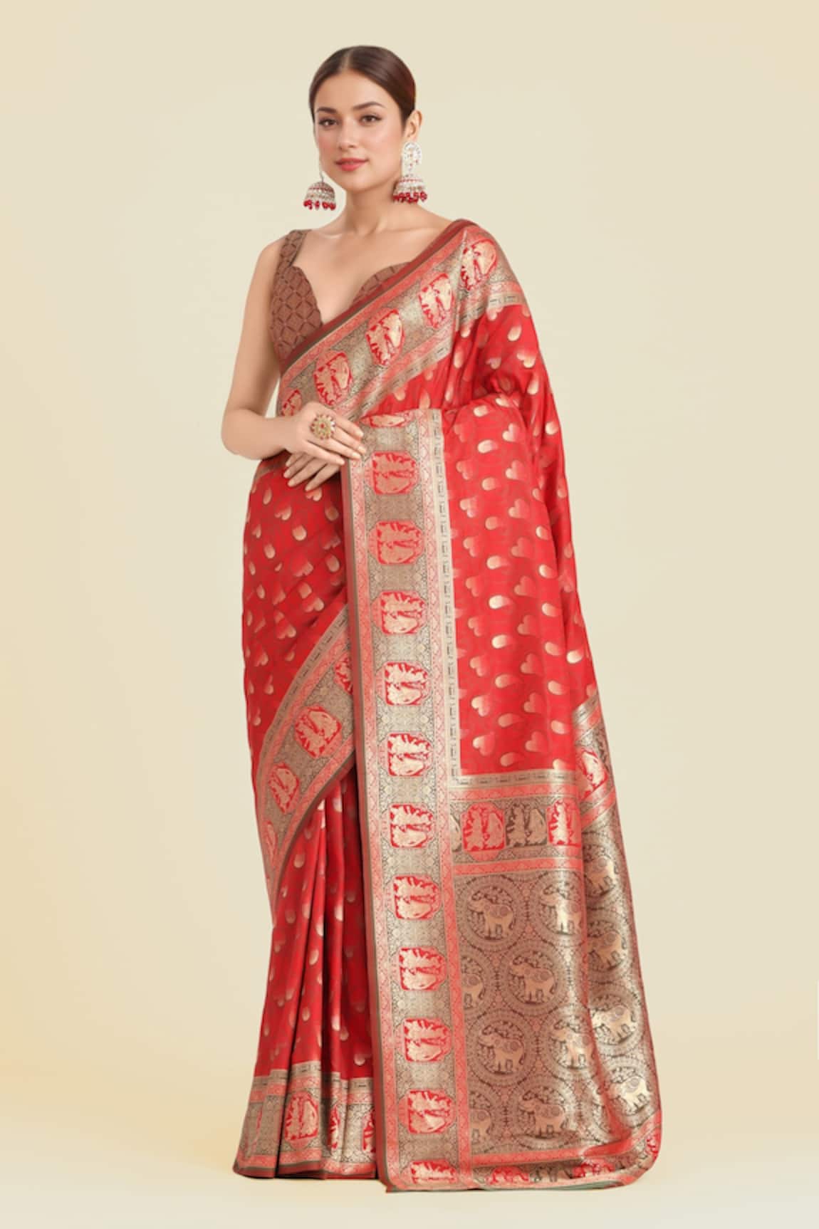 Samyukta Singhania Red Banarasi Silk Saree Set 