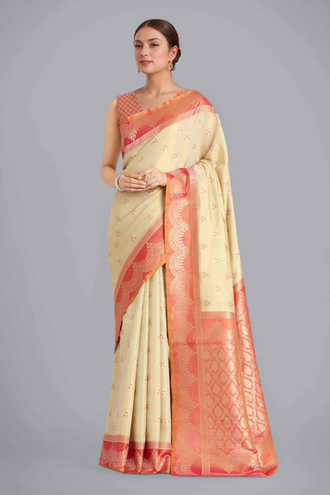 Naintara Bajaj Cream Banarasi Tissue Silk Saree Set 