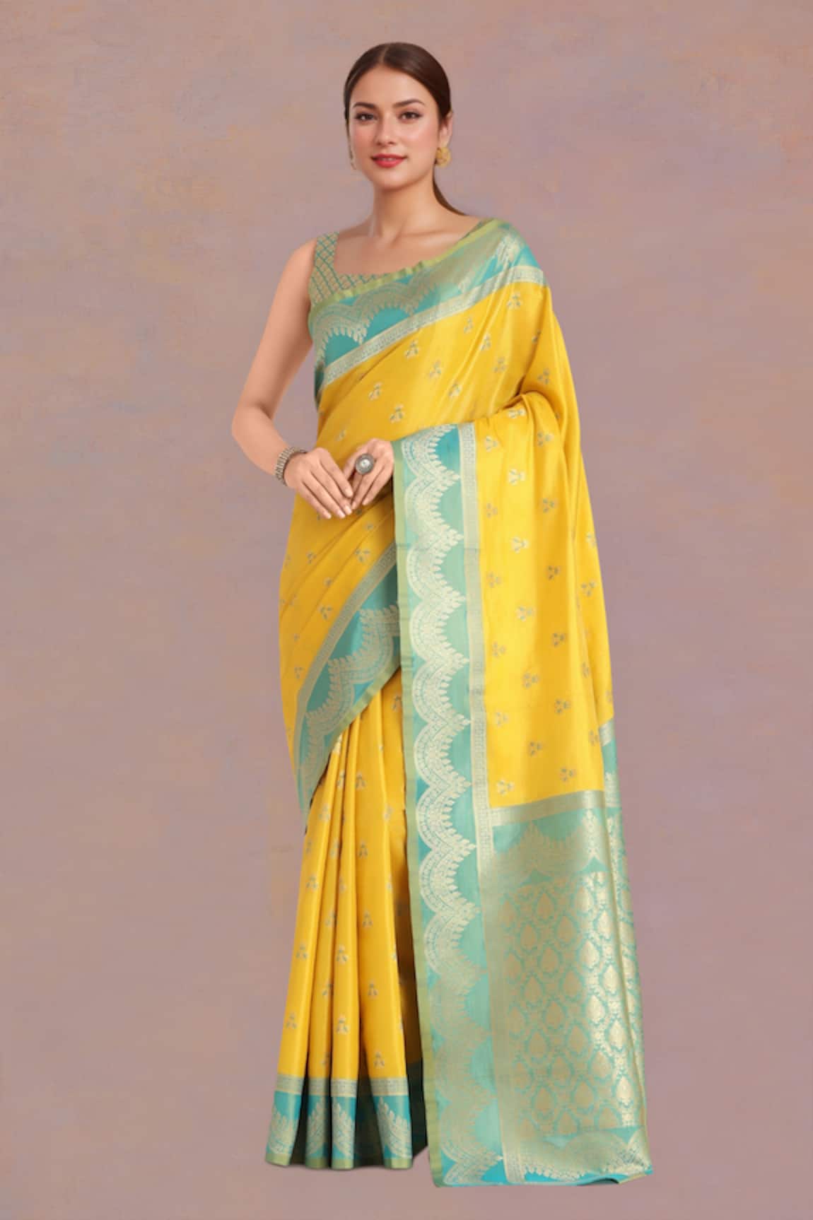 Samyukta Singhania Yellow Banarasi Tissue Silk Saree Set 