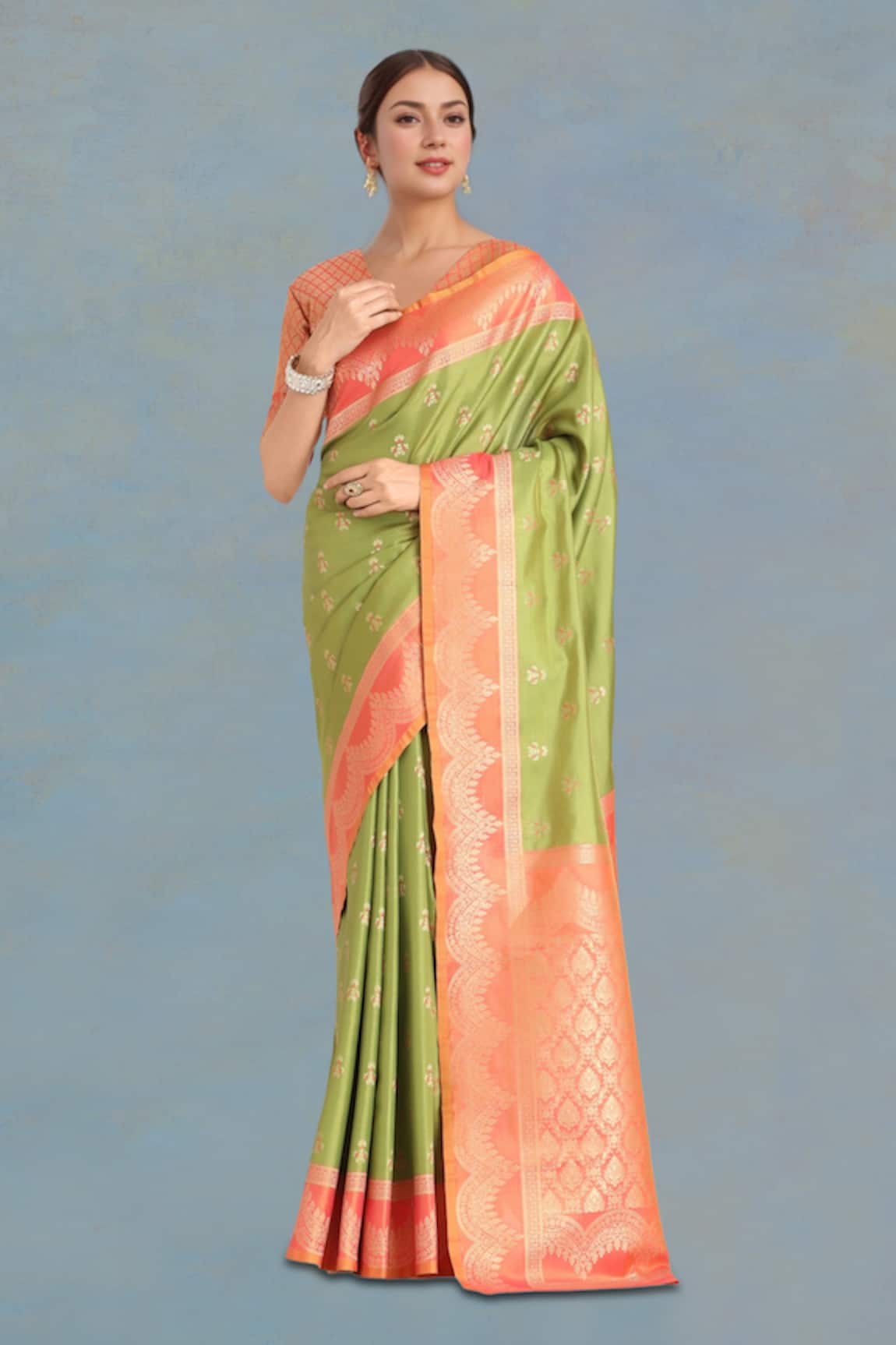 Samyukta Singhania Olive Green Banarasi Tissue Silk Saree Set 