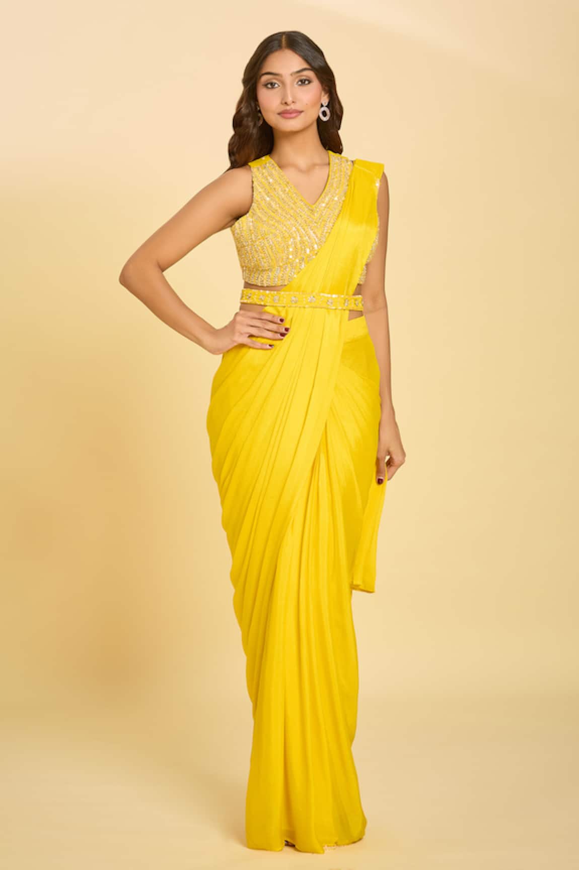 Samyukta Singhania Bead Embroidered Pre-Draped Saree Set 