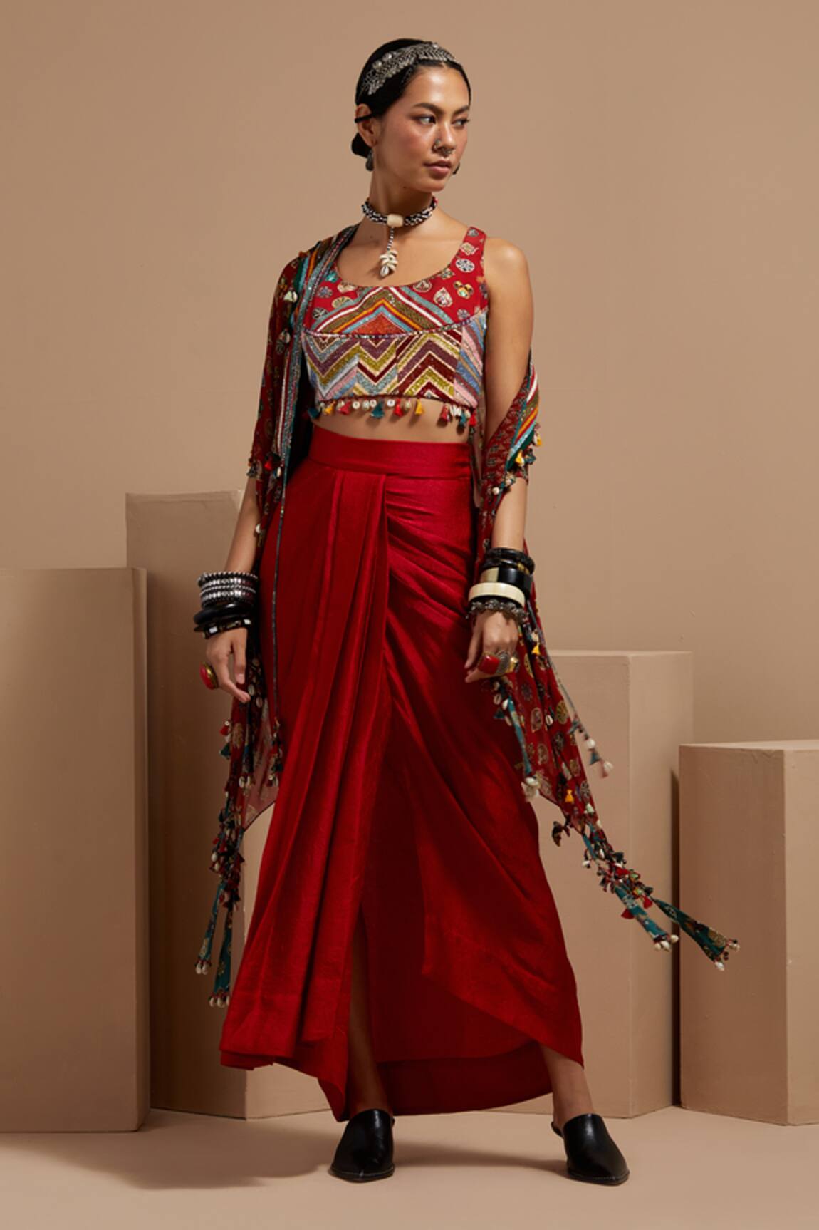 ASEEM KAPOOR Maroon Sequence Highlighted Crop Top 