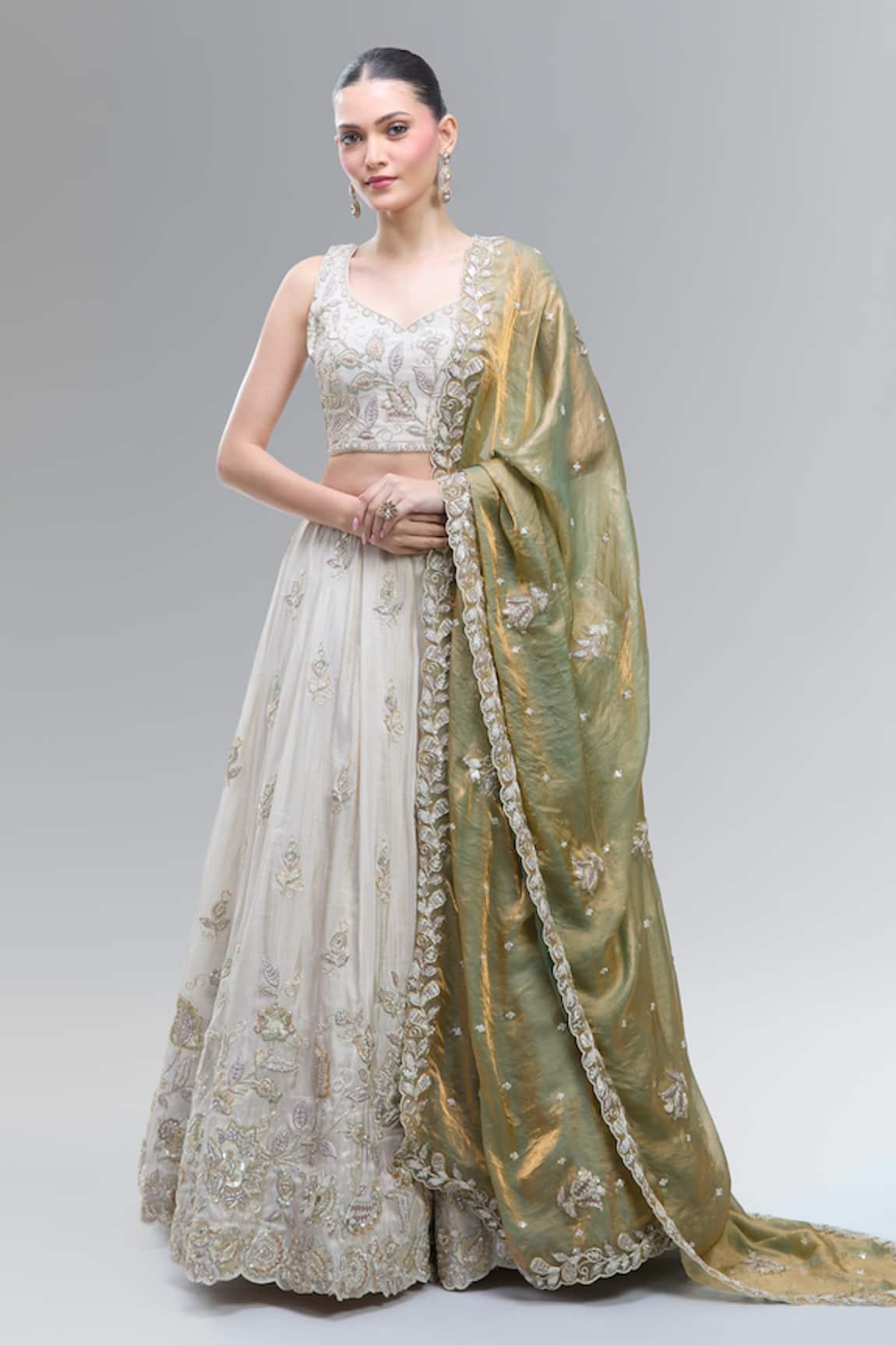 Samyukta Singhania Cream Tissue Embroidered Lehenga Set 