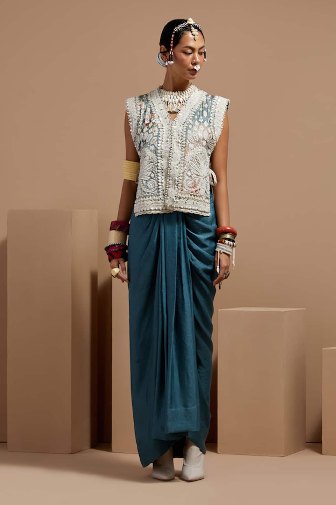 ASEEM KAPOOR Embroidered Dull Teal Gilet Set 
