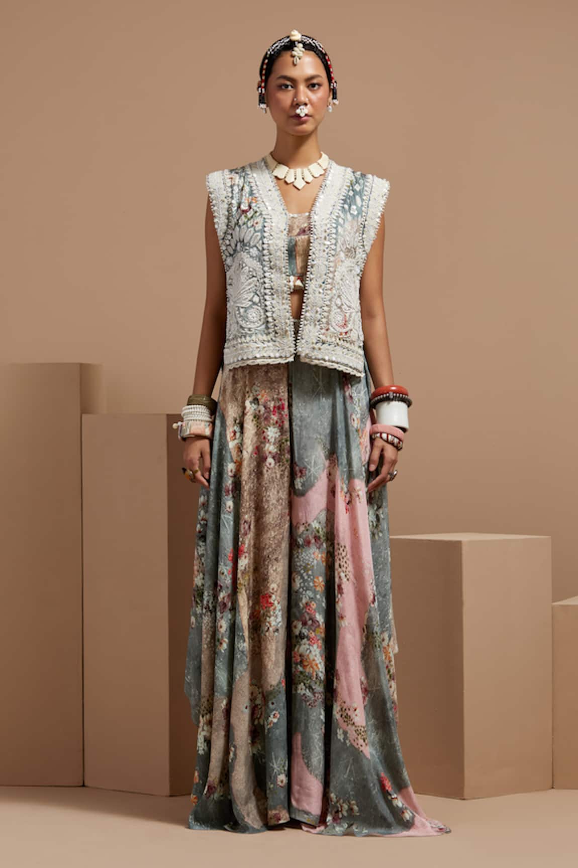 ASEEM KAPOOR Multi Resham Embroidered Gilet Set 