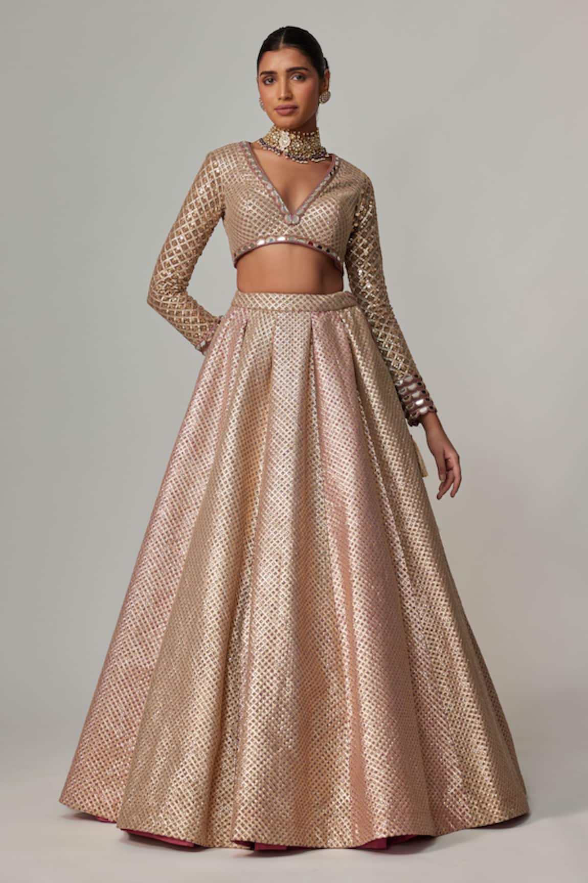 Vvani by Vani Vats Deep Beige V Neck Crop Top & Skirt Set 