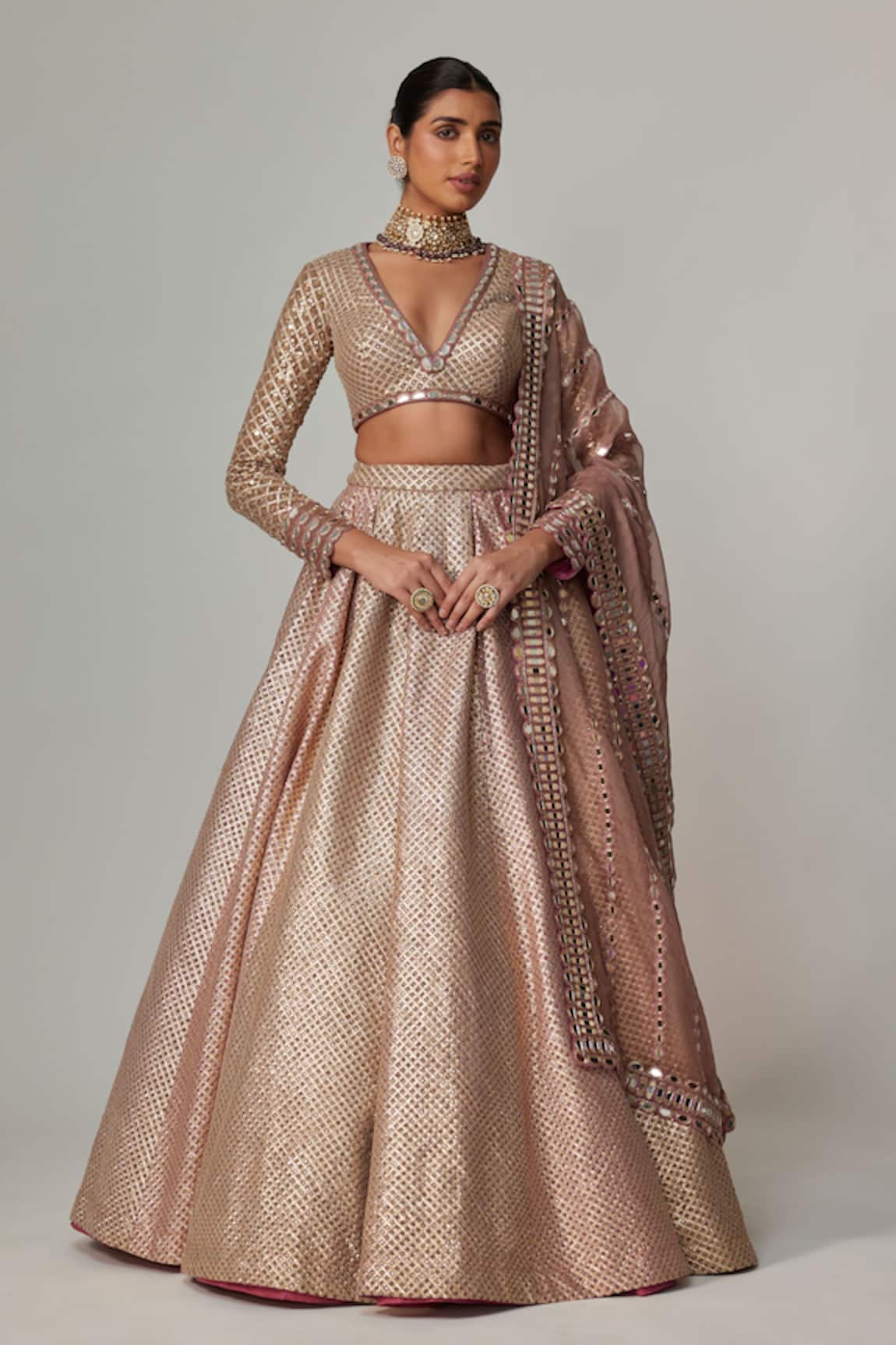 Vvani by Vani Vats Deep Beige Gota Embroidered Lehenga Set 