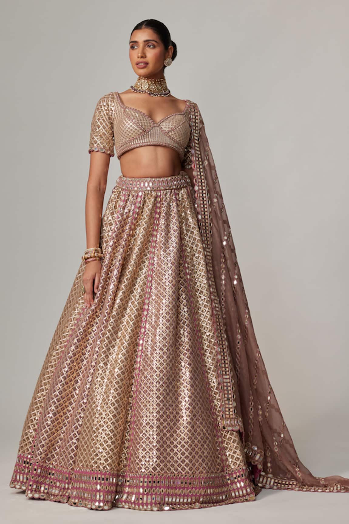 Vvani by Vani Vats Deep Beige Metallic Lehenga Set 