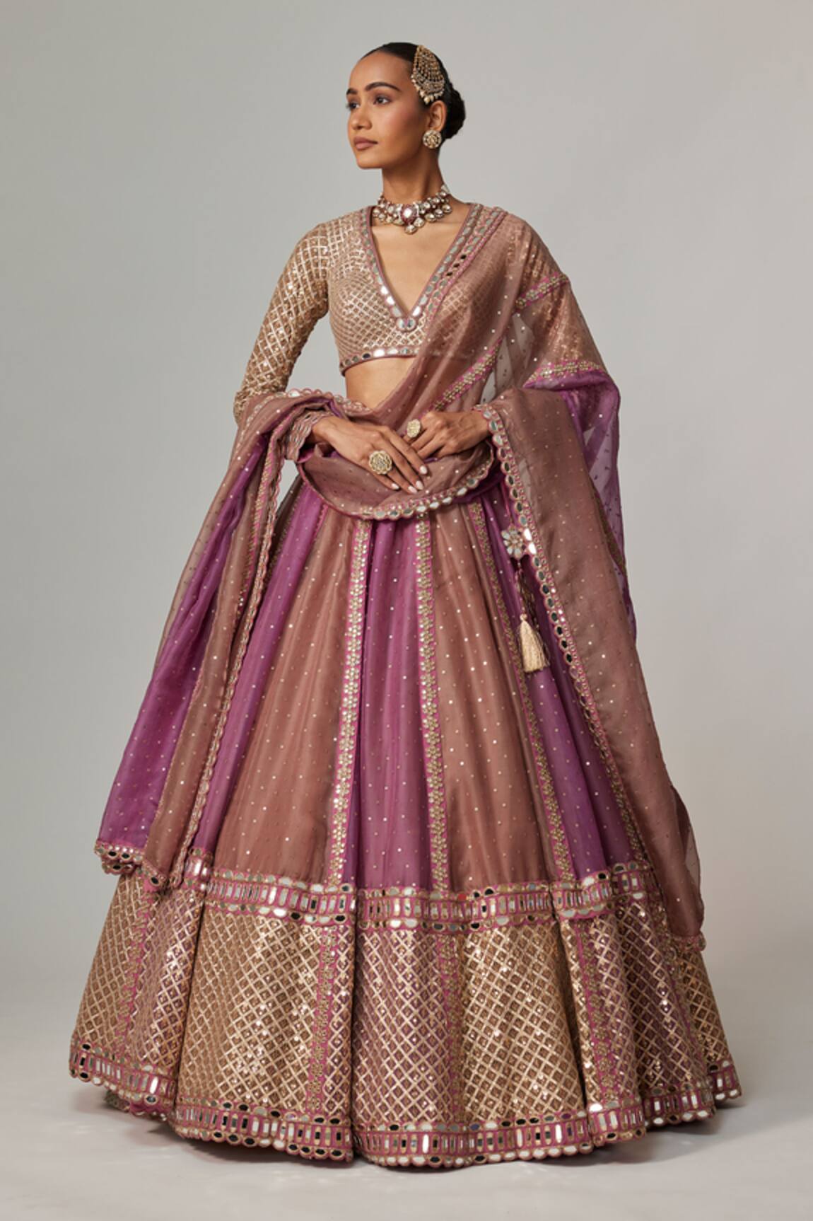 Vvani by Vani Vats Mud Mauve Chita Sequin Lehenga Set 