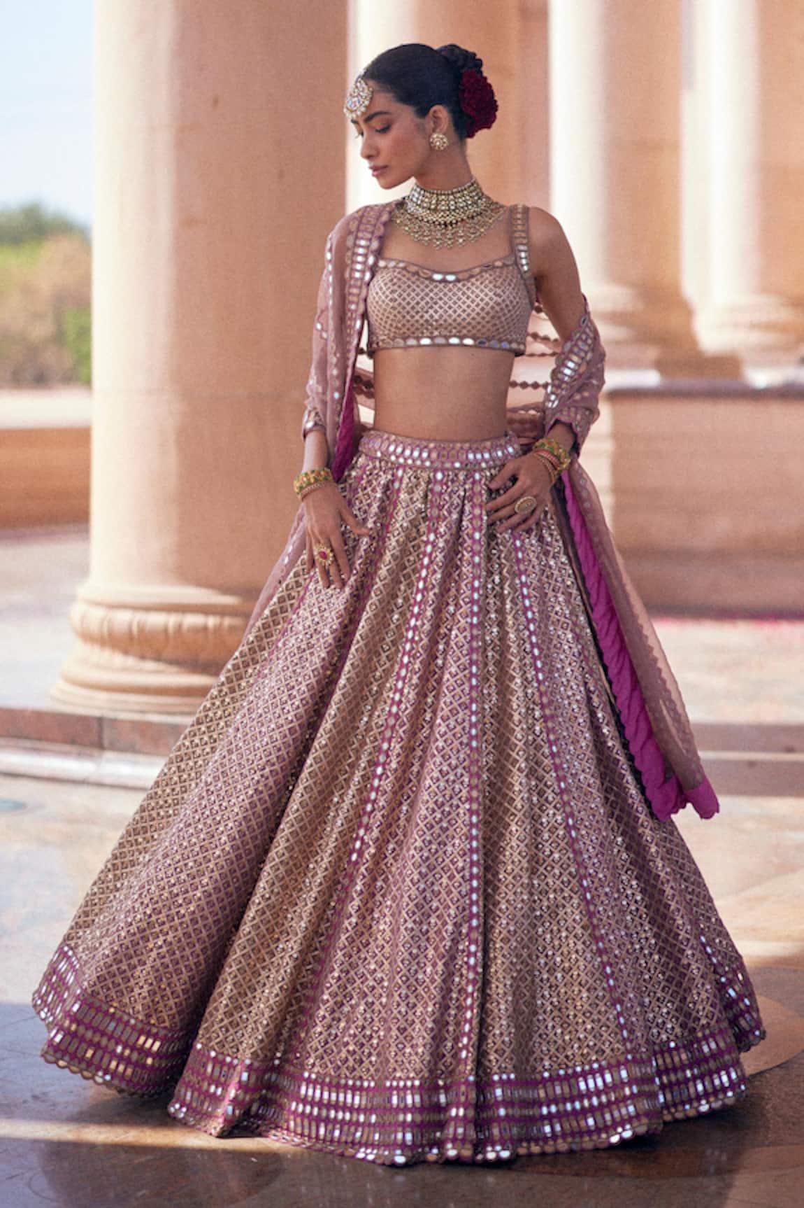 Vvani by Vani Vats Deep Beige Metallic Lehenga Set 