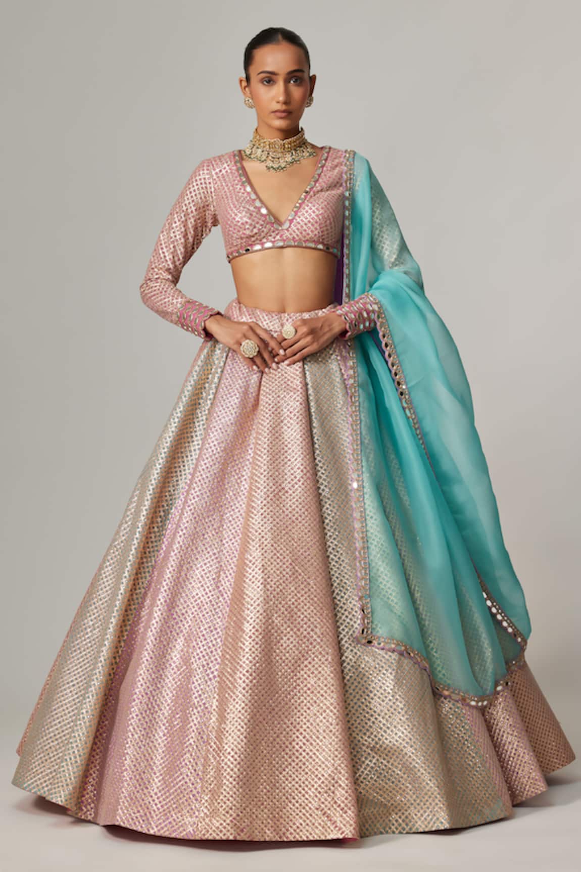 Vvani by Vani Vats Multicolor Gota Lehenga Set with Aqua Dupatta 