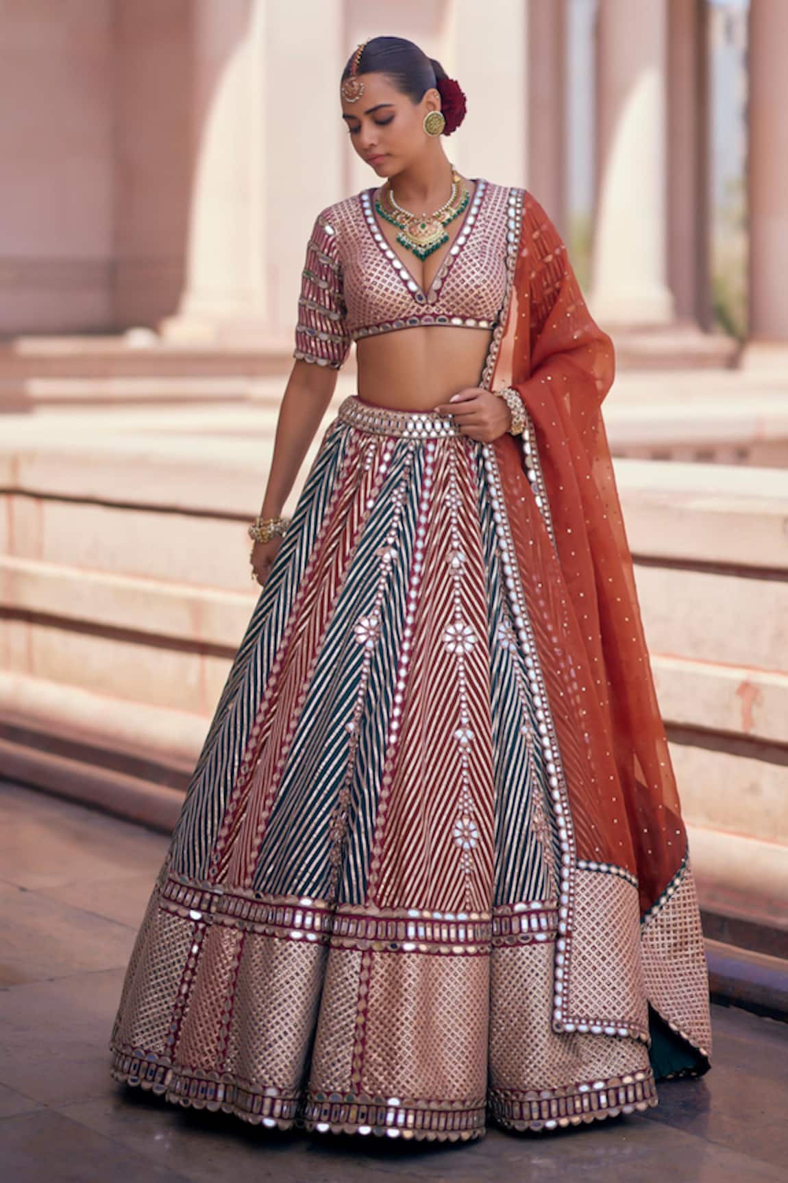 Vvani by Vani Vats Cranberry Multicolor Linear Flower Lehenga Set 